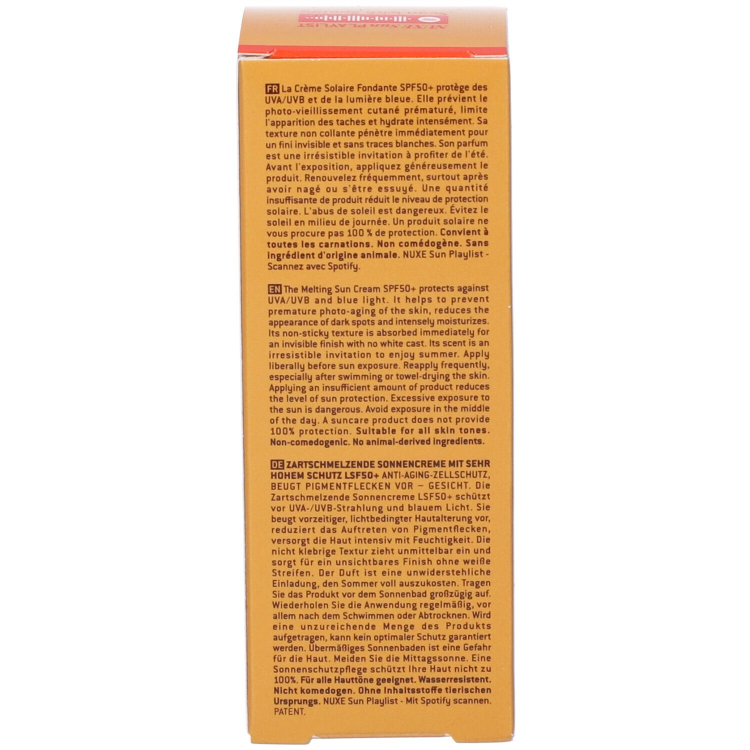 Scatola marrone con testo multilingue. Contiene informazioni e istruzioni.