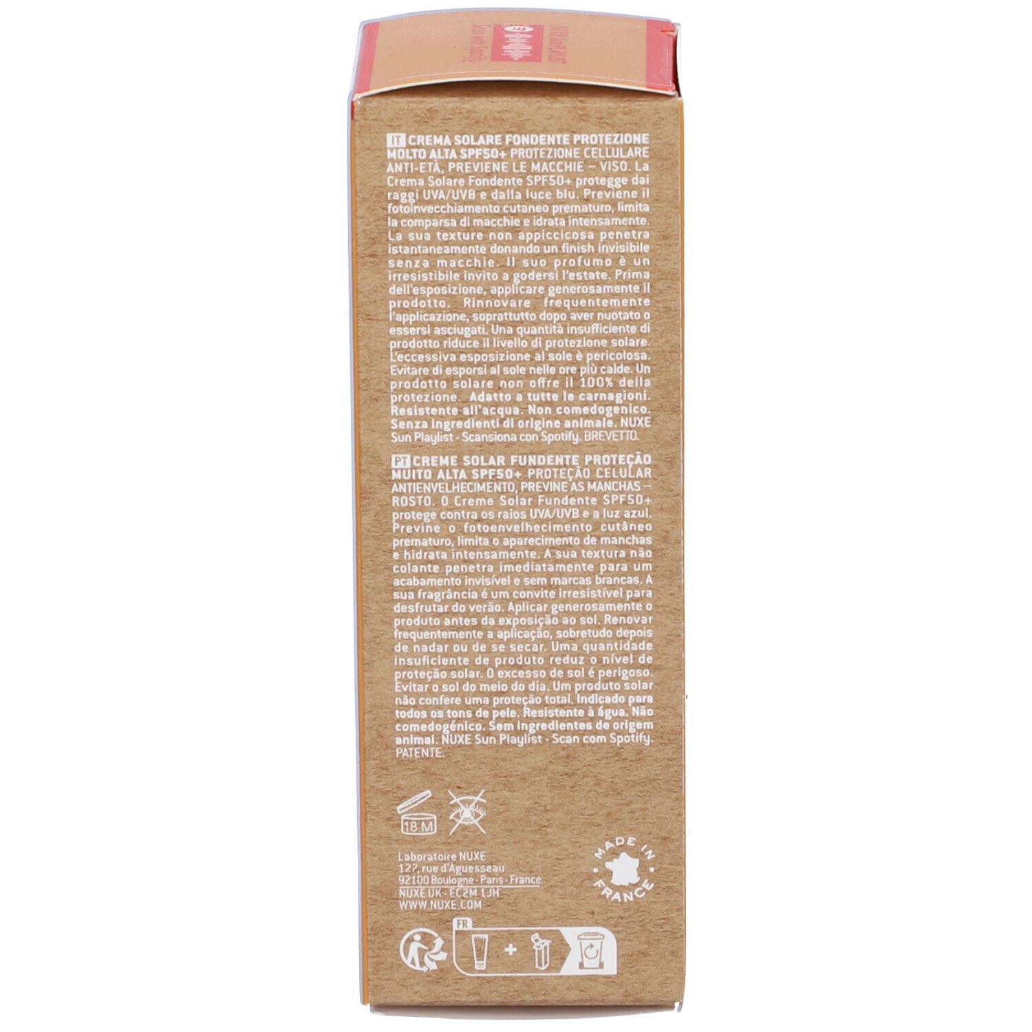 Scatola marrone con testo multilingue. Contiene informazioni e istruzioni.