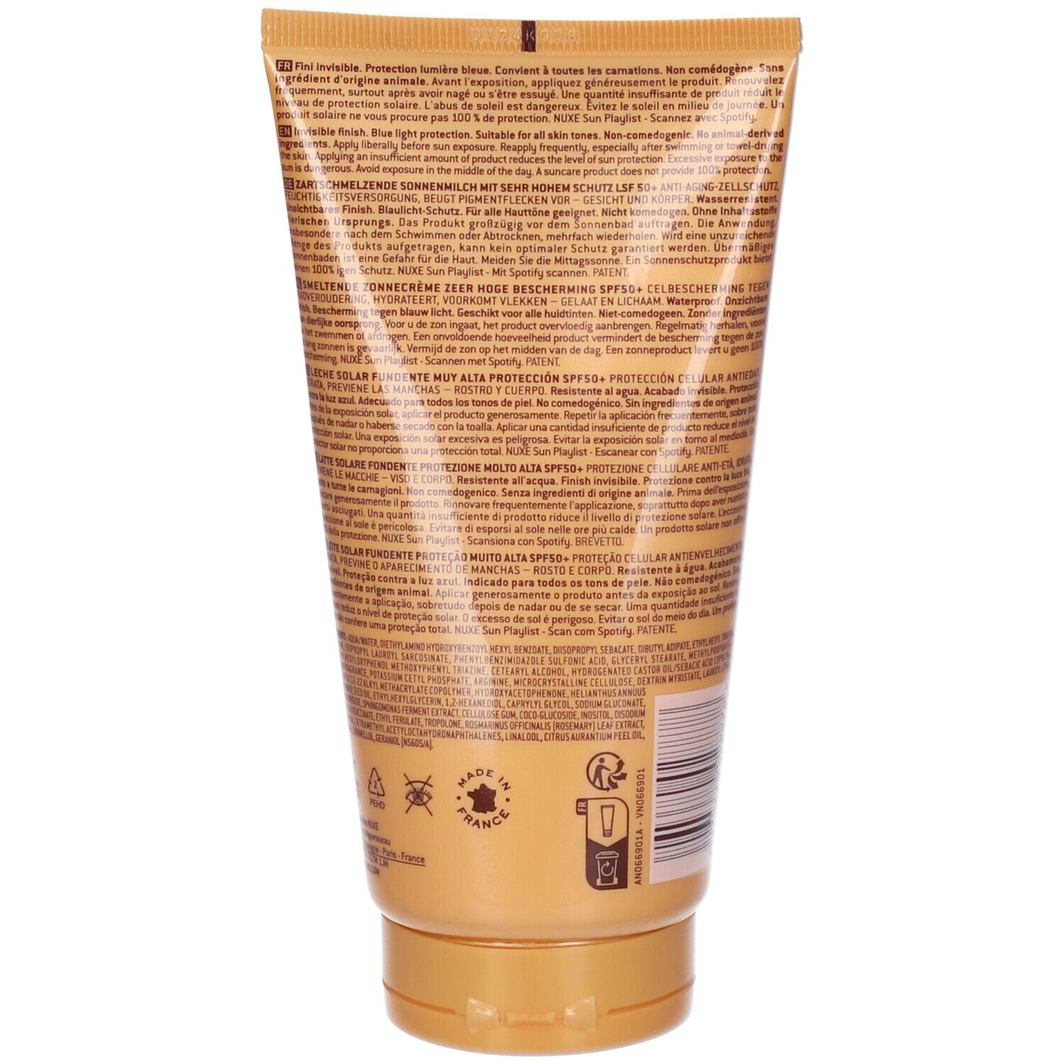 Retro del tubo. Testo multilingue. Made in France. Simbolo di riciclaggio.