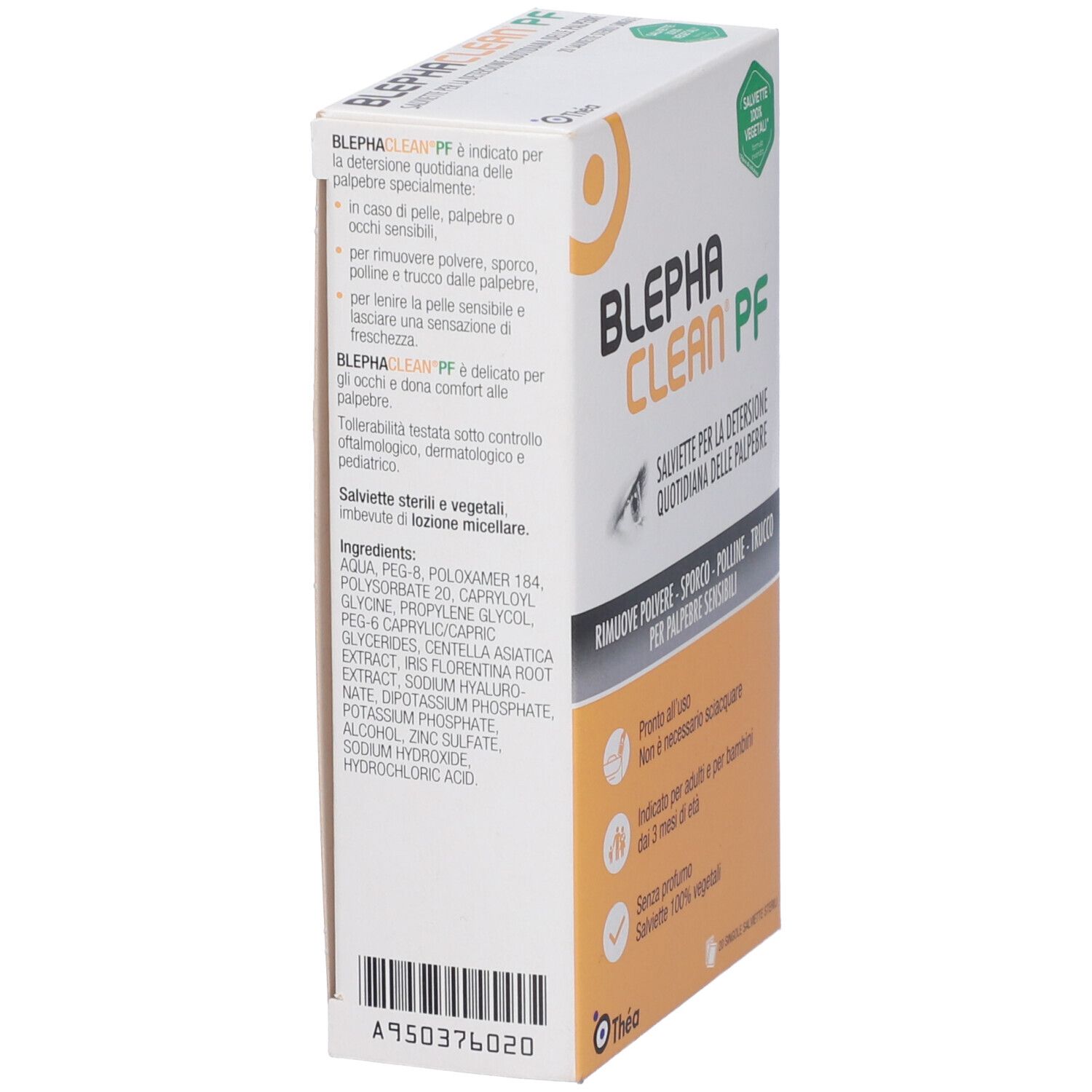 Confezione di Blephaclean PF. Testo: Salviette per la detersione quotidiana delle palpebre. Ingredienti. 100% vegetali.