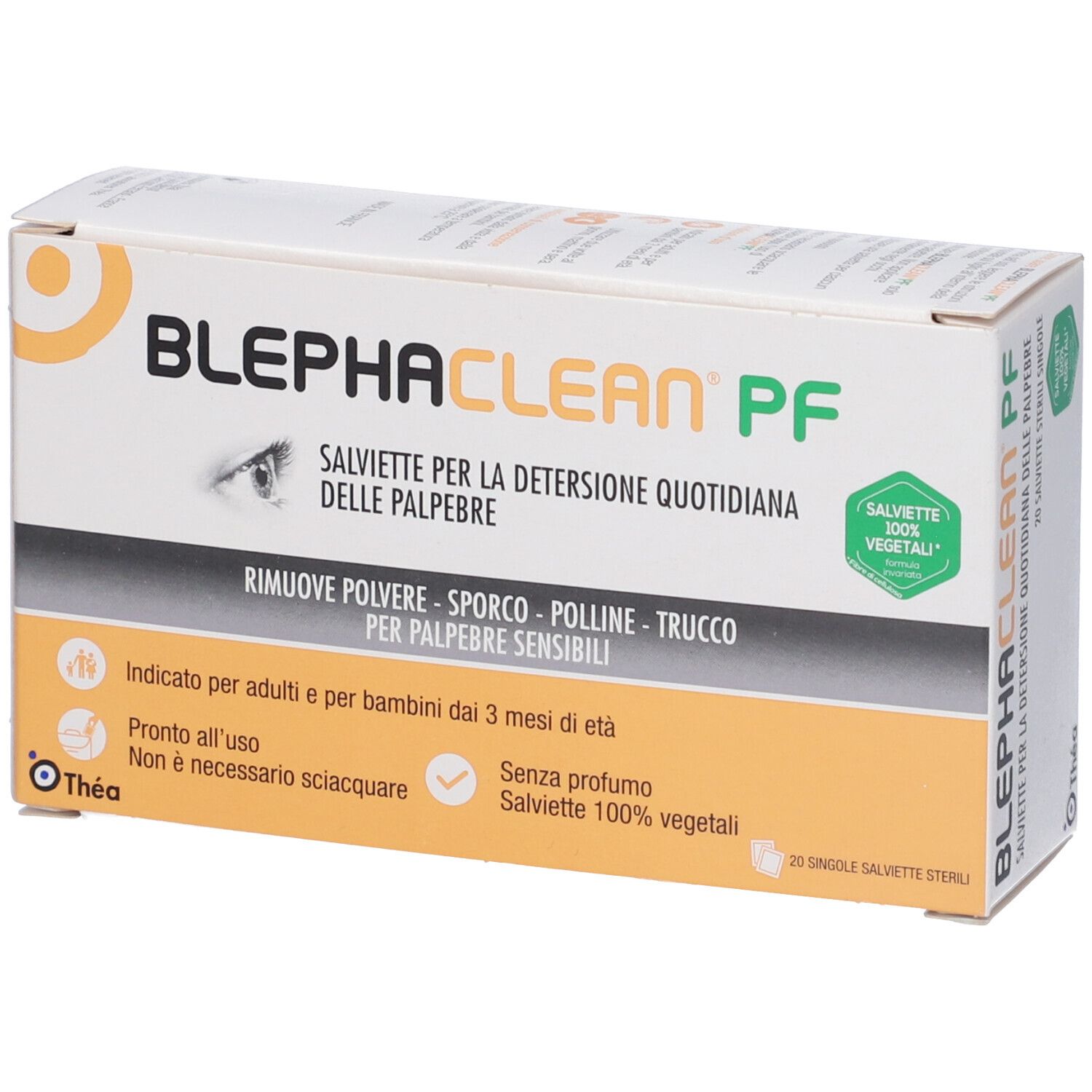 Confezione di Blephaclean PF. Testo: Salviette per la detersione quotidiana delle palpebre. 100% vegetali. Senza profumo.