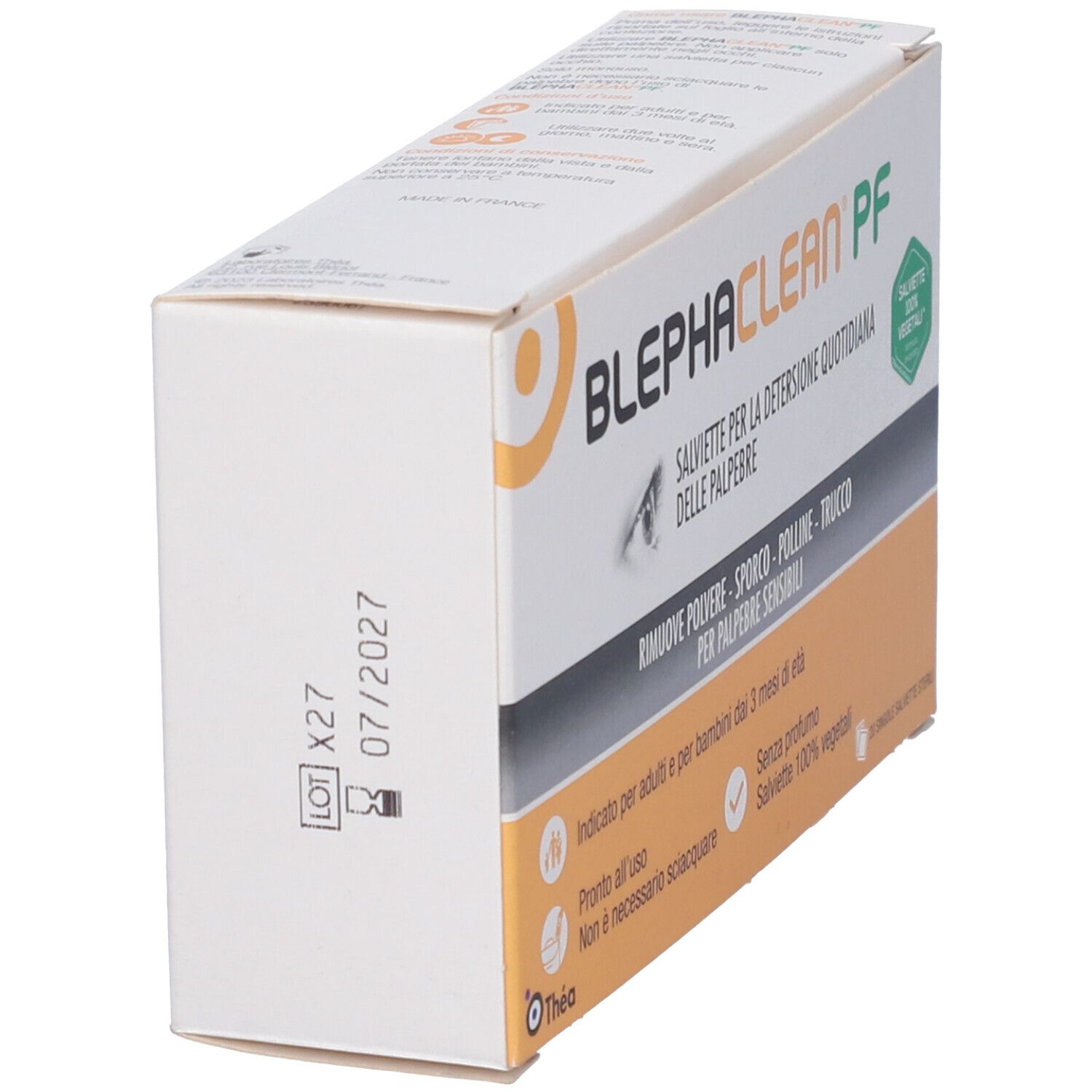 Confezione di Blephaclean PF. Testo: Salviette per la detersione quotidiana delle palpebre. Numero di lotto e data di scadenza.