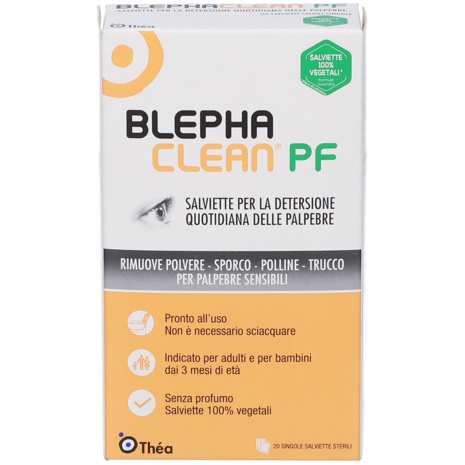 Confezione di Blephaclean PF. Testo: Salviette per la detersione quotidiana delle palpebre. 100% vegetali. Senza profumo.