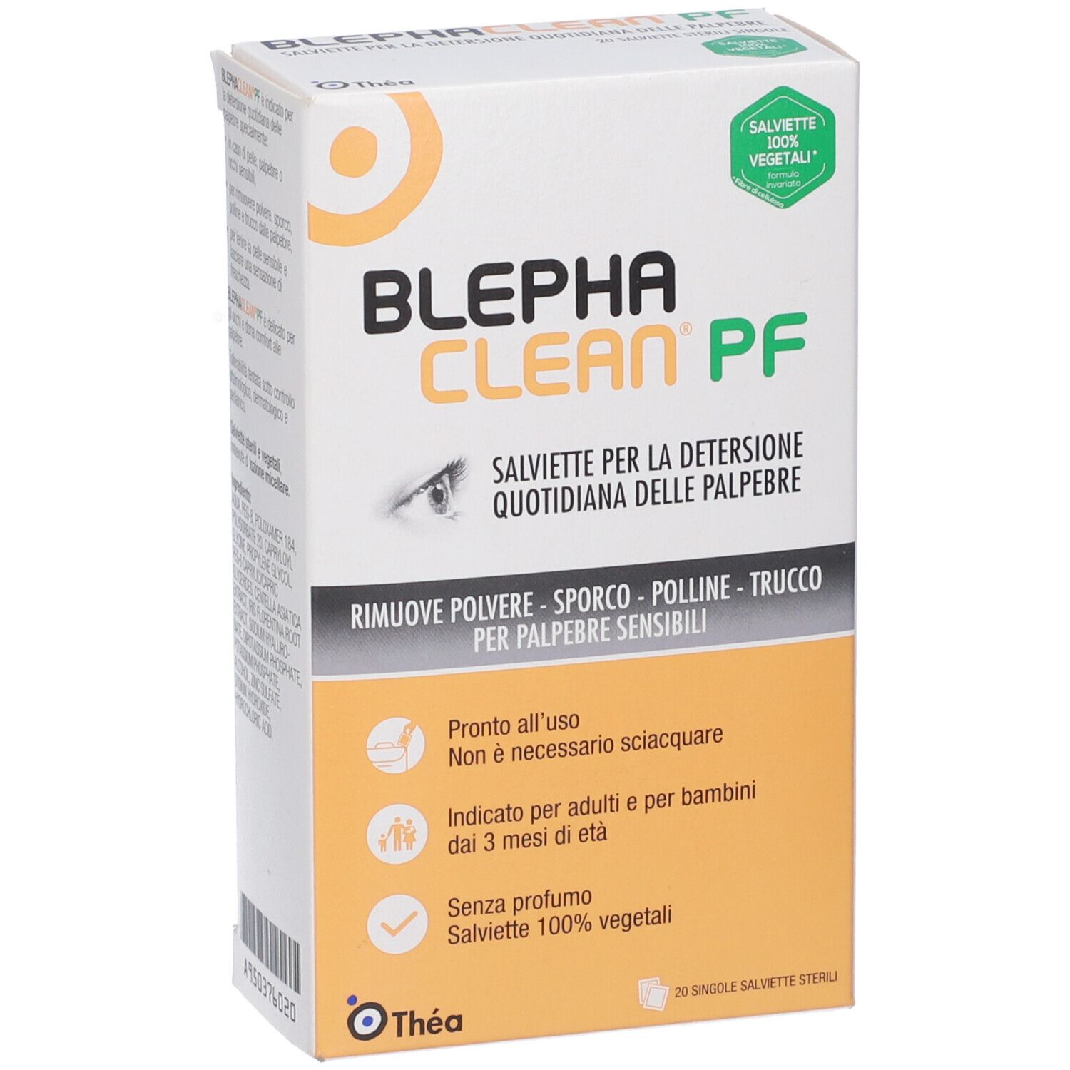Confezione di Blephaclean PF. Testo: Salviette per la detersione quotidiana delle palpebre. 100% vegetali. Senza profumo.