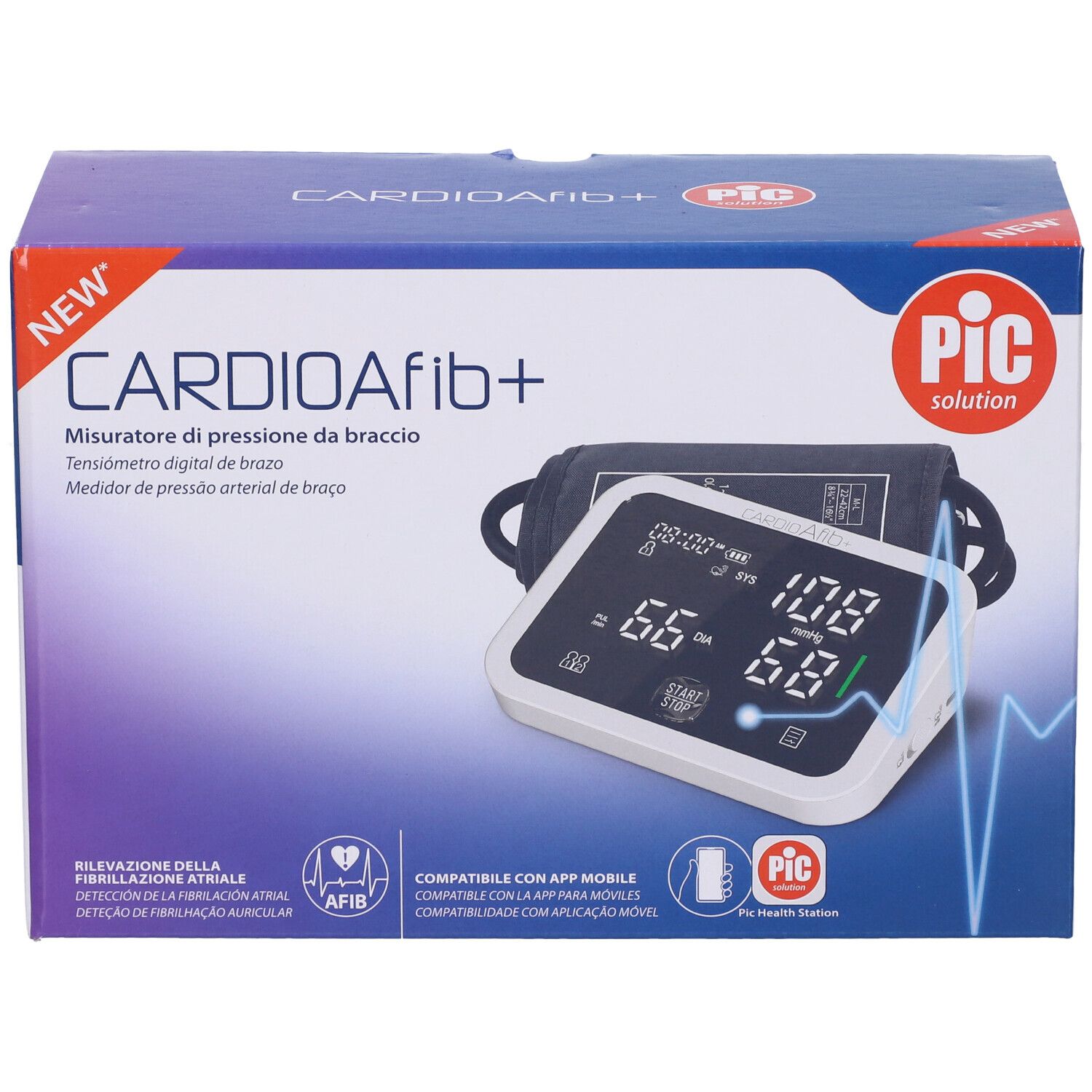 Fronte della confezione: Misuratore digitale di pressione da braccio con rilevazione AFIB e compatibilità app.
