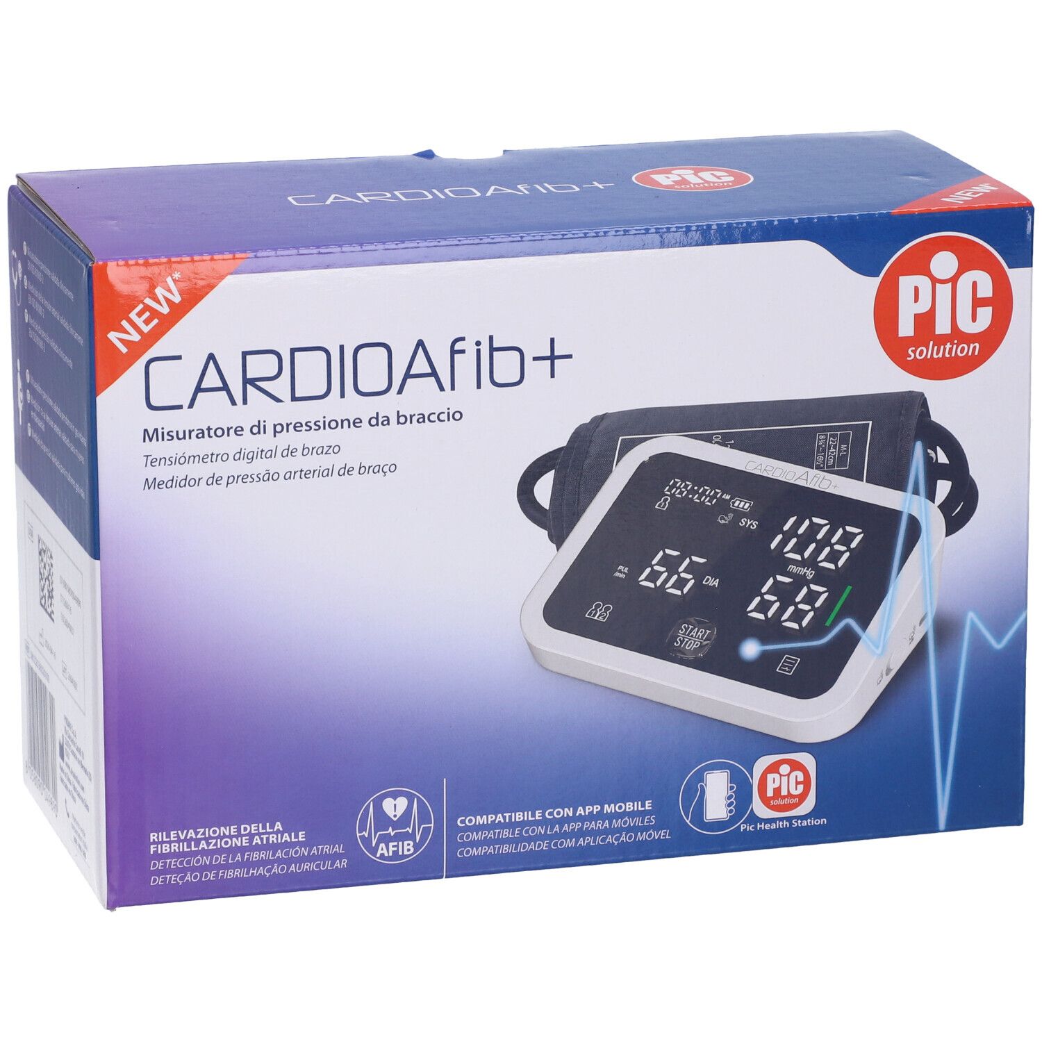 Fronte della confezione: Misuratore digitale di pressione da braccio con rilevazione AFIB e compatibilità app.
