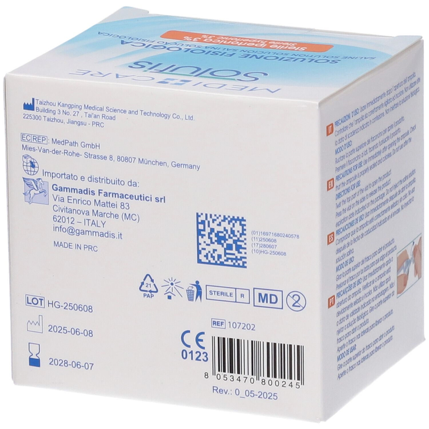 Lato della confezione Solufis. Informazioni produttore, codice QR, numero di lotto, data di scadenza, marchio CE.