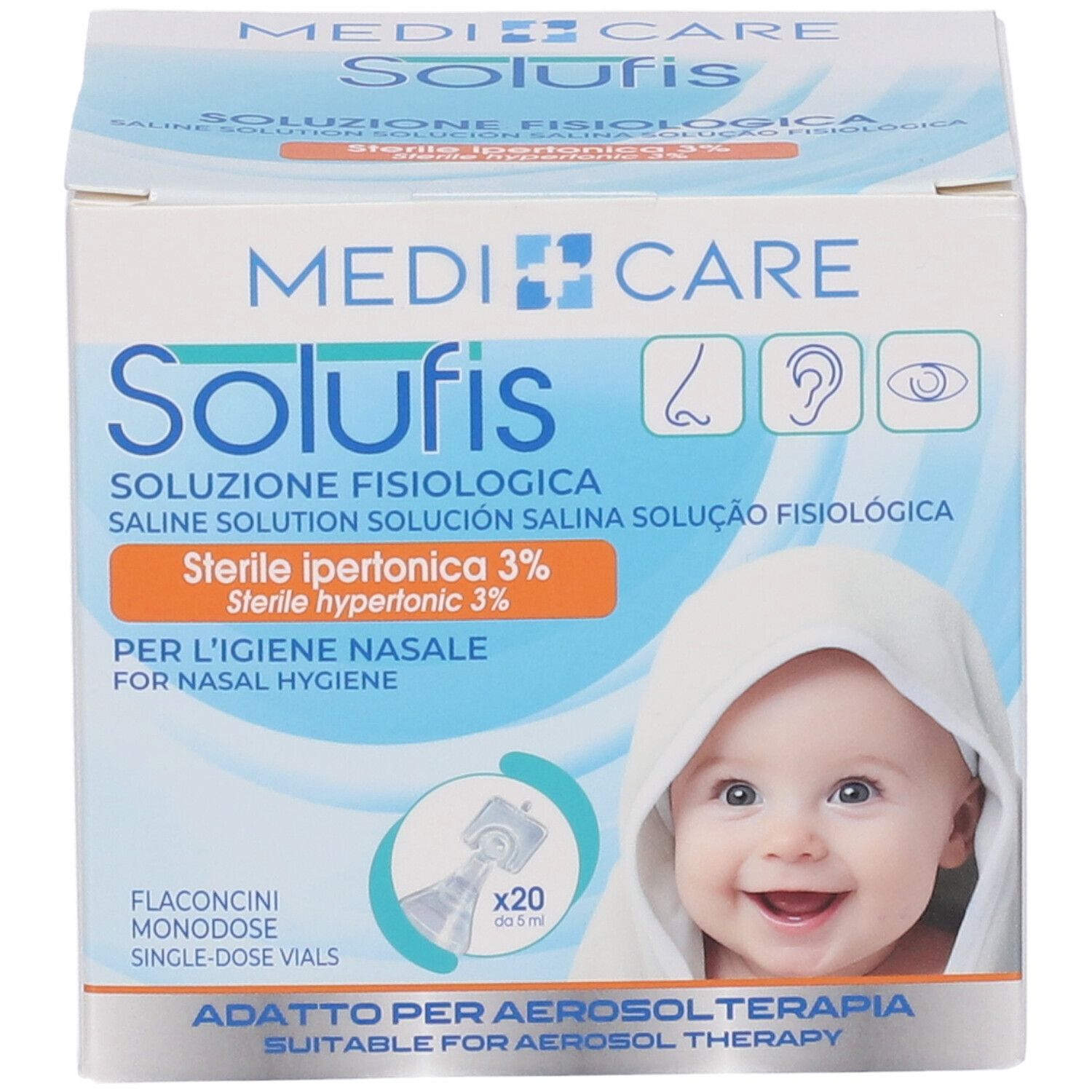 Fronte della confezione Solufis. Scritto: Soluzione Fisiologica, Sterile ipertonica 3%. Immagine di un bambino.