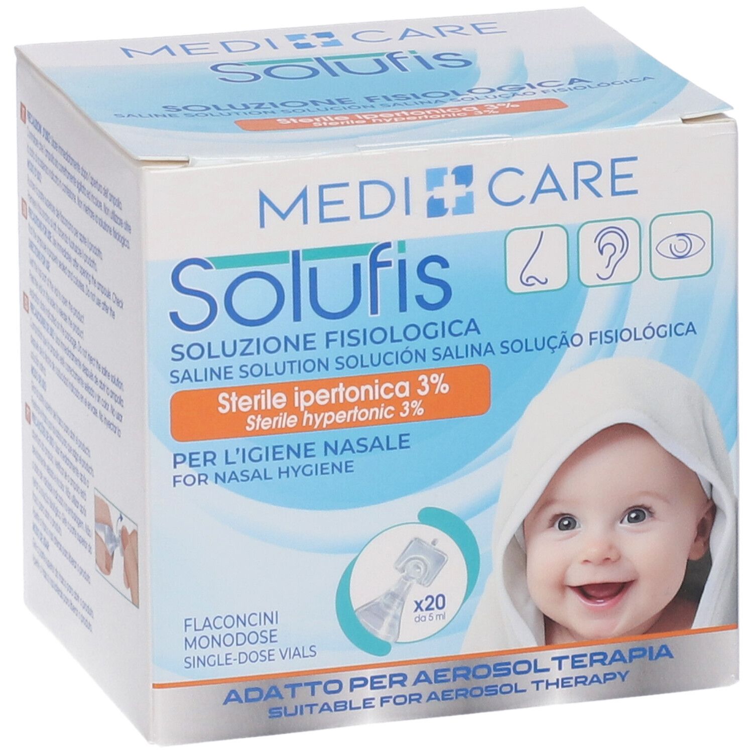 Fronte della confezione Solufis. Scritto: Soluzione Fisiologica, Sterile ipertonica 3%. Immagine di un bambino.