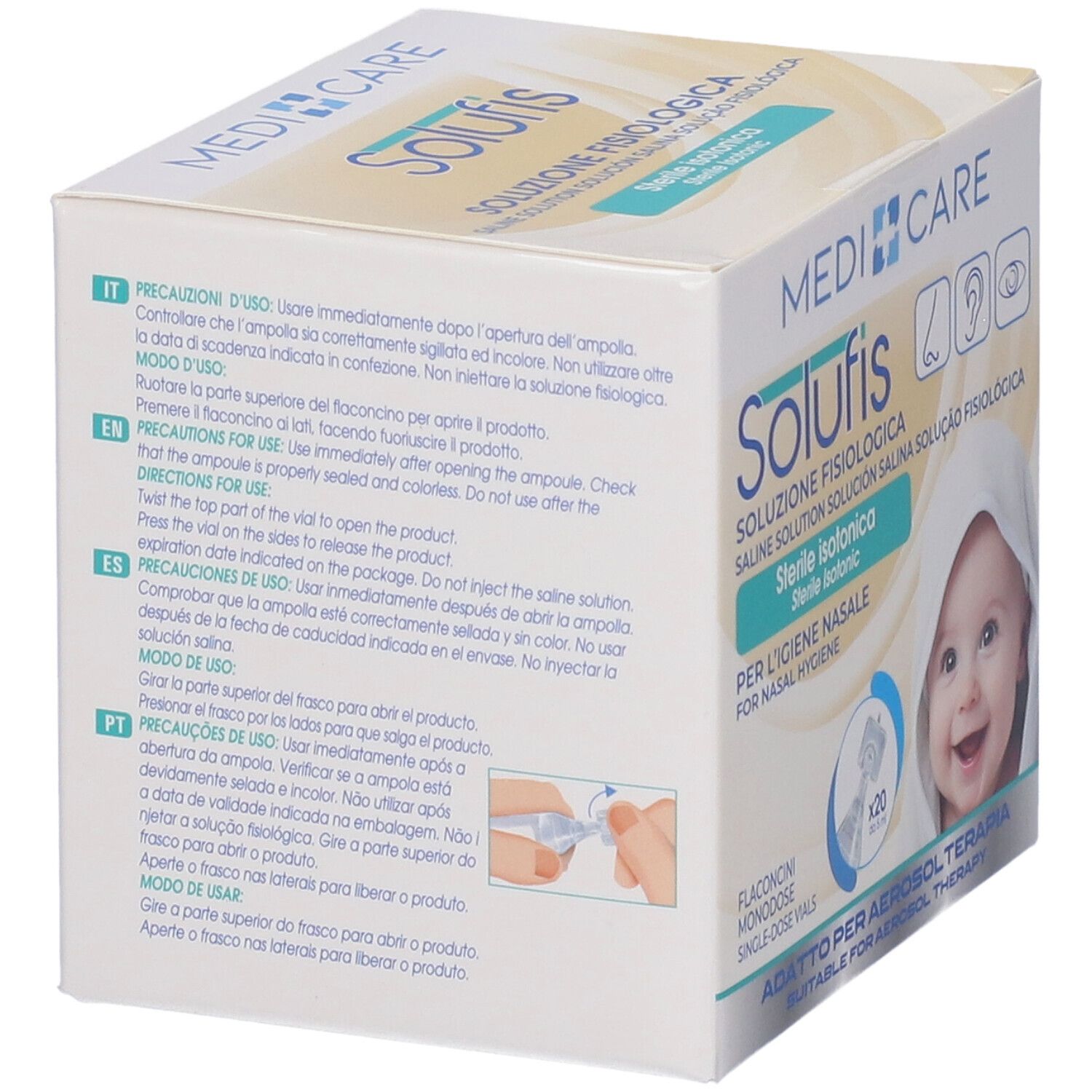 Scatola Solufis. Istruzioni per l'uso e precauzioni. Immagine bambino. 20 fiale monodose. Confezione prodotto.