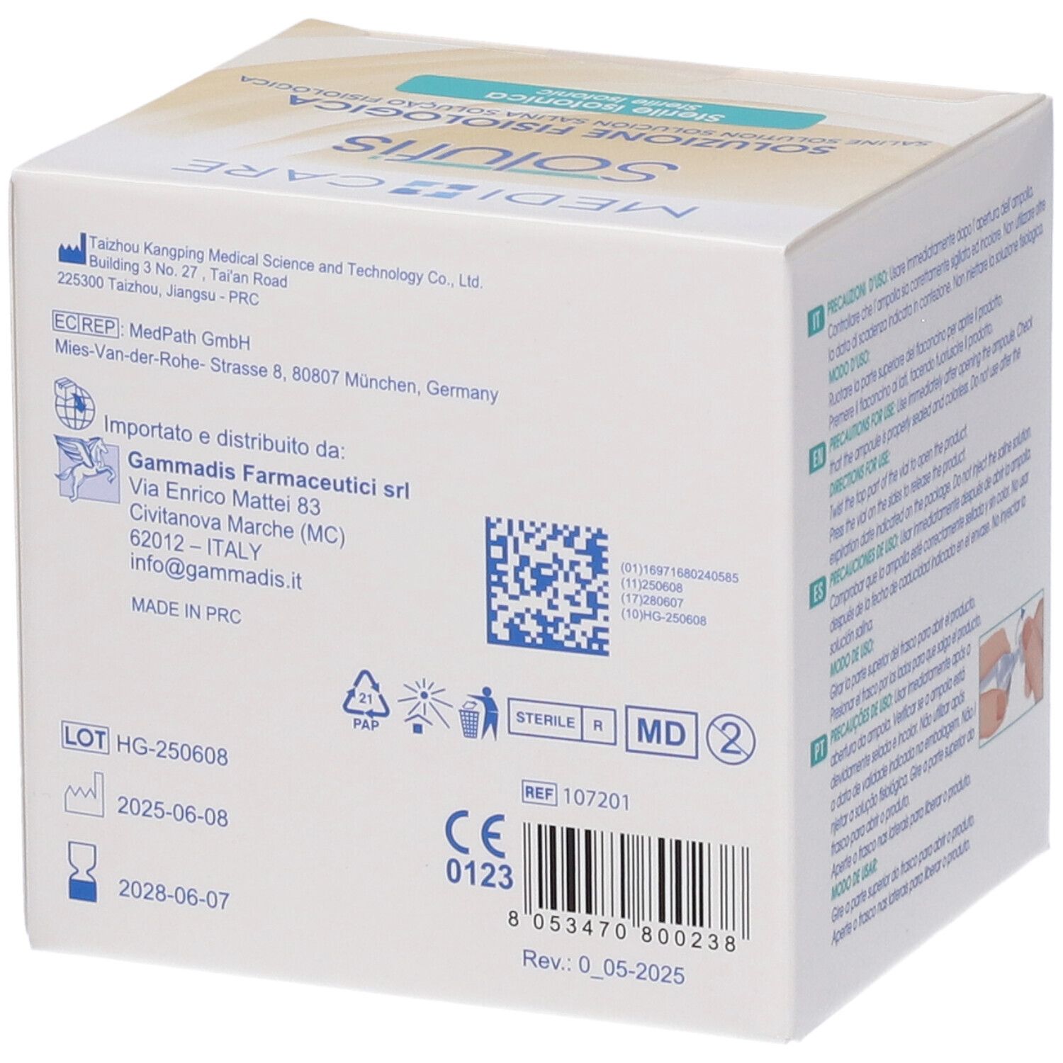 Retro della confezione Solufis. Informazioni produttore, numero di lotto, data di scadenza, marchio CE, simboli riciclo.