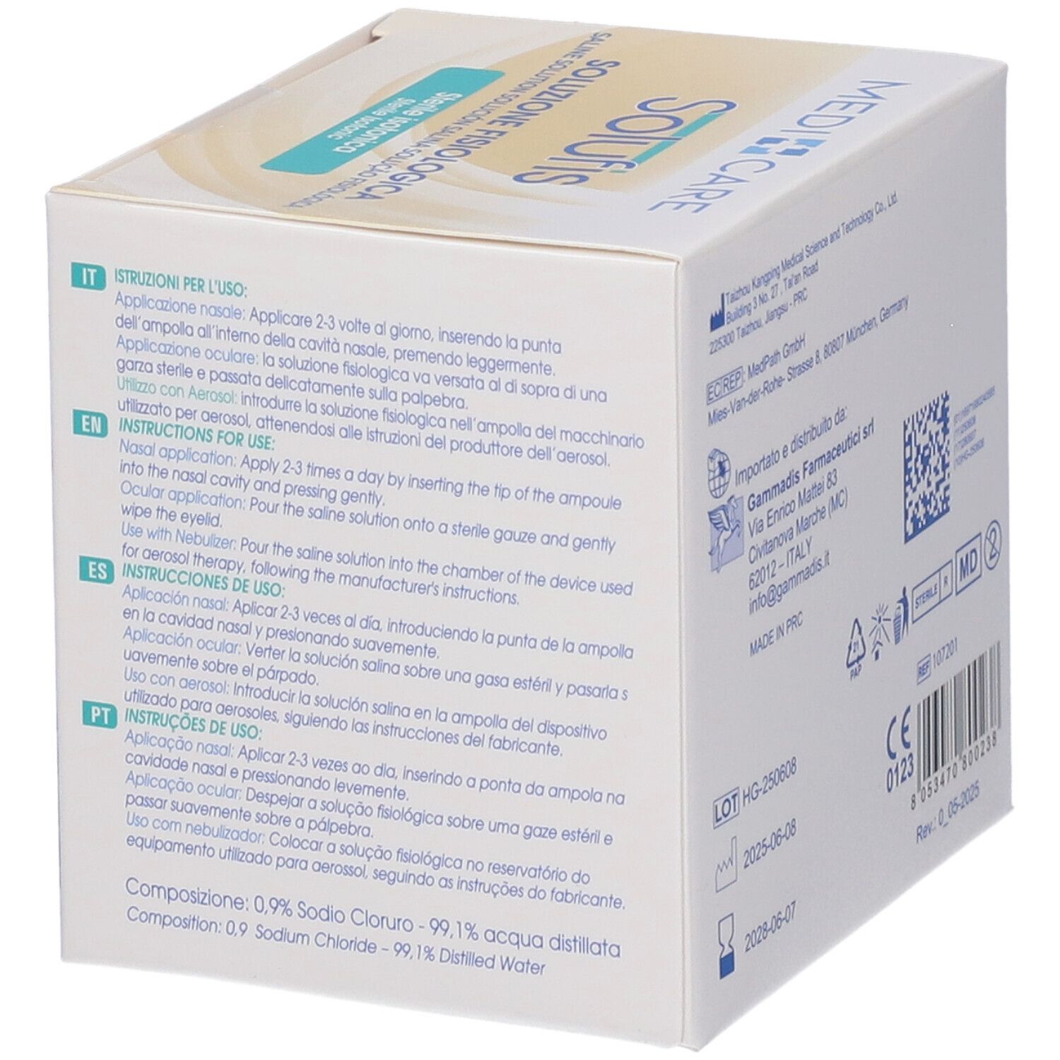 Retro della confezione Solufis. Istruzioni per l'uso multilingue. Informazioni produttore, marchio CE.