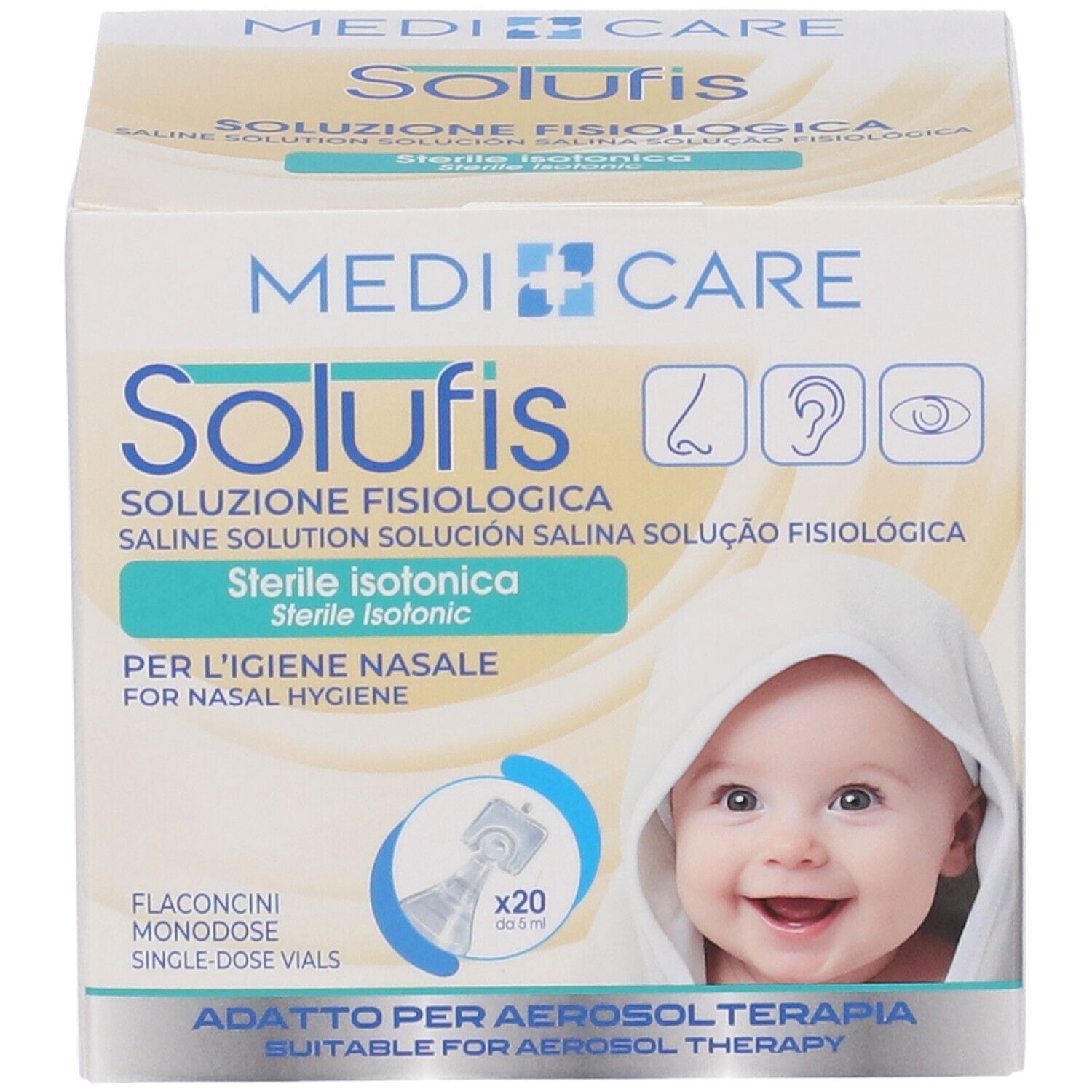 Scatola Solufis, soluzione fisiologica sterile isotonica. Per l'igiene nasale. Immagine di un bambino. 20 fiale monodose.