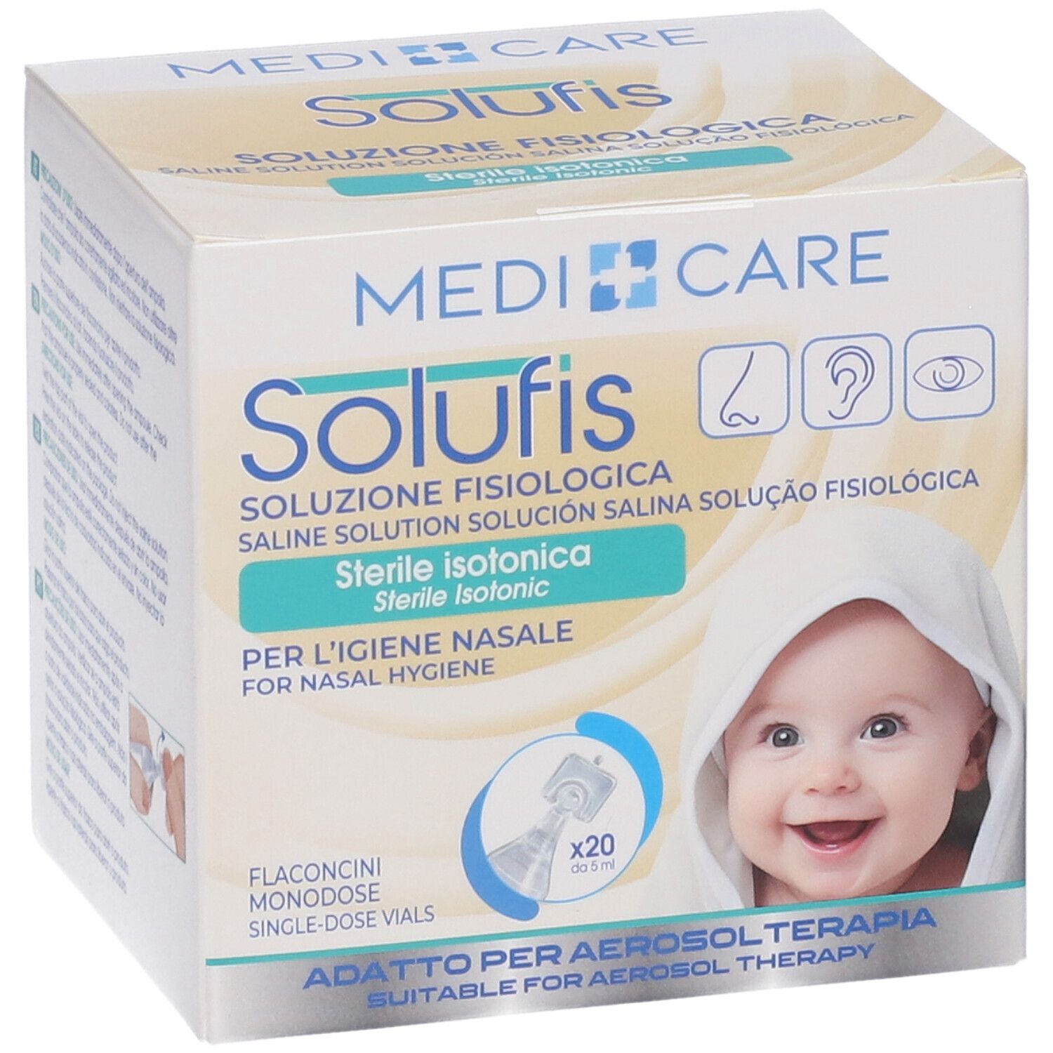 Scatola Solufis, soluzione fisiologica sterile isotonica. Per l'igiene nasale. Immagine di un bambino. 20 fiale monodose.