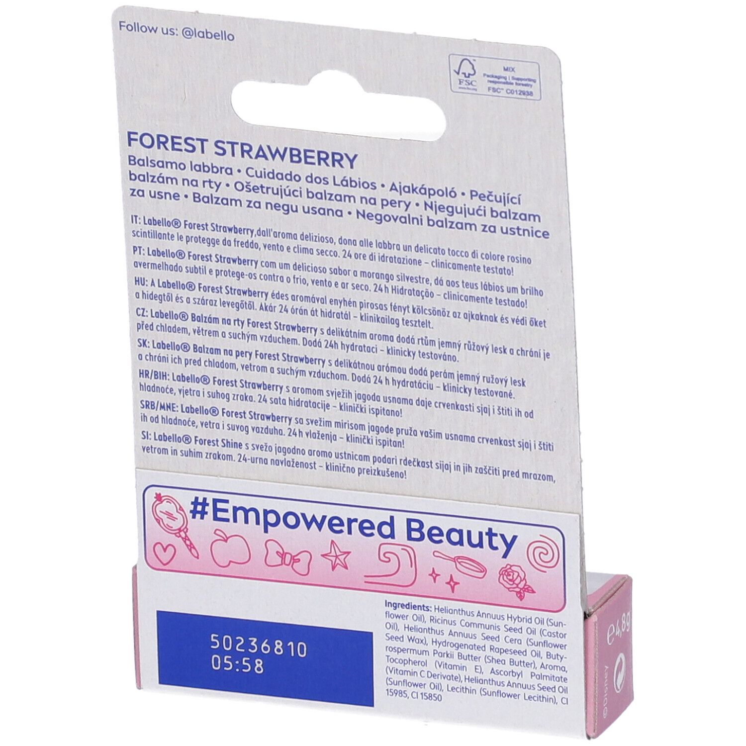 Retro confezione. Testo multilingue. Ingredienti. #Empowered Beauty. Logo FSC.