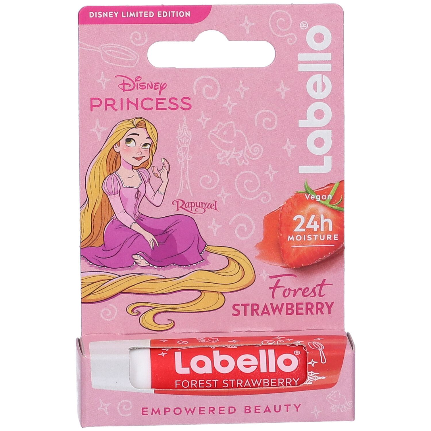 Labello Disney Princess, Rapunzel. Confezione rosa con stick labbra. Aroma fragola. Logo Disney.