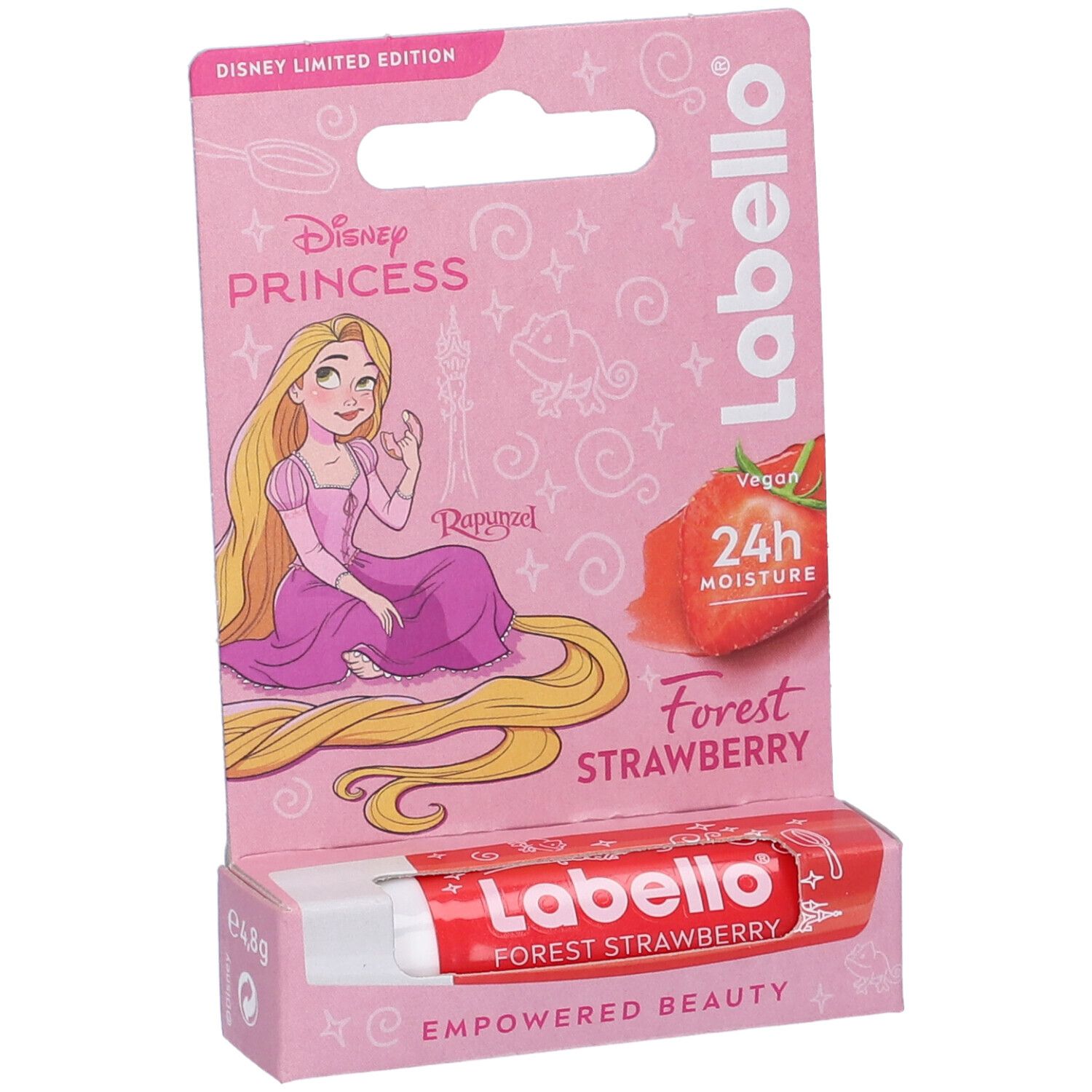 Labello Disney Princess, Rapunzel. Confezione rosa con stick labbra. Aroma fragola. 4,8g.