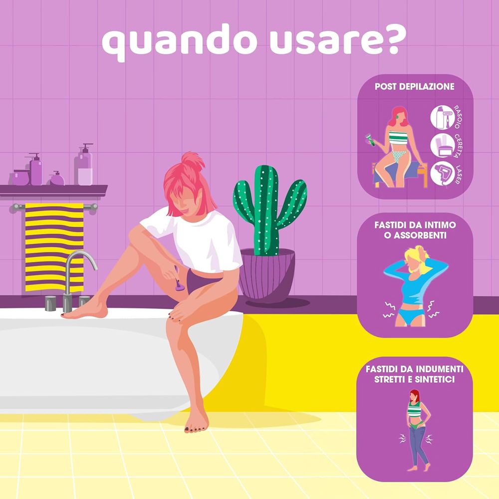 Illustrazione: donna in bagno. Testo: Quando usare? Post-depilazione, fastidi intimi, indumenti stretti.