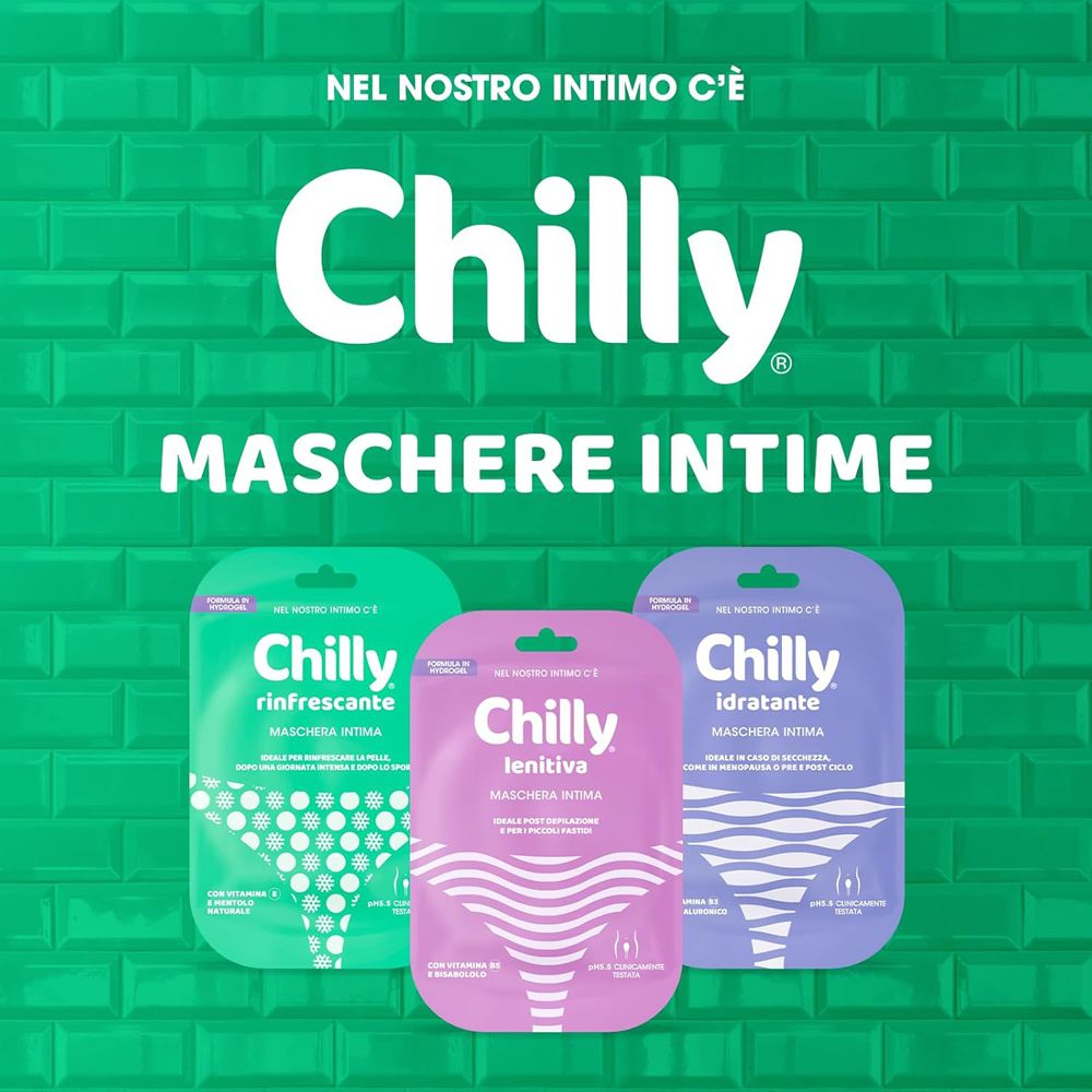 Tre maschere intime Chilly. Verde, rosa e viola. Scritta: Maschere Intime.