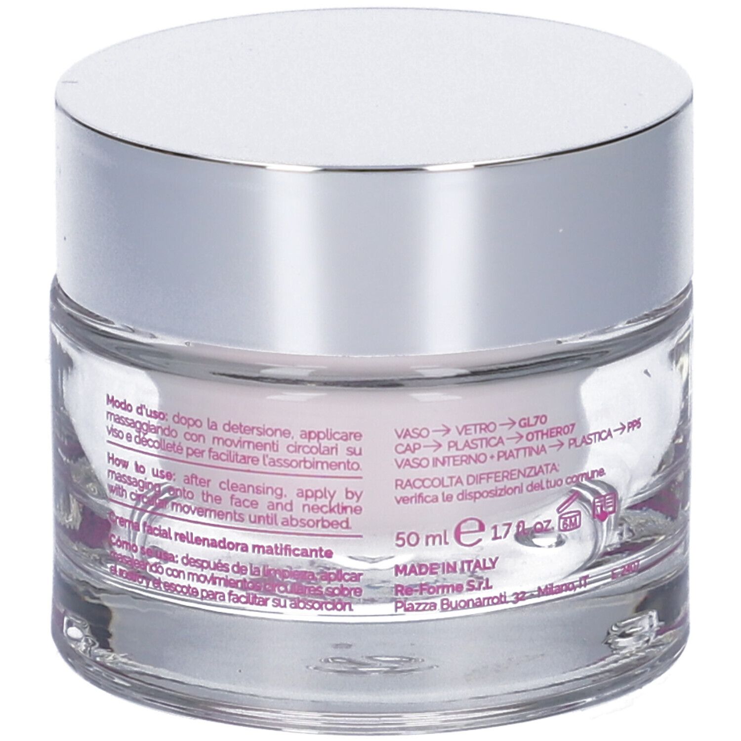 Retro del vaso di crema. Testo: Modo d'uso, How to use. Informazioni sugli ingredienti e indirizzo del produttore. 50 ml.