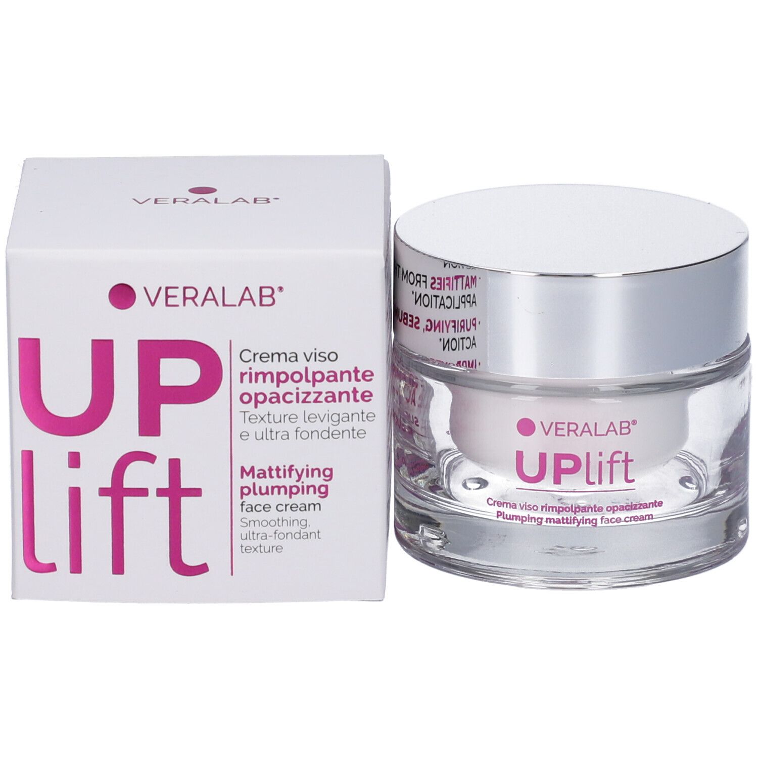Vaso di crema e scatola. Scritta: UPLift, Veralab. Testo: Crema viso rimpolpante opacizzante, Mattifying plumping face cream.