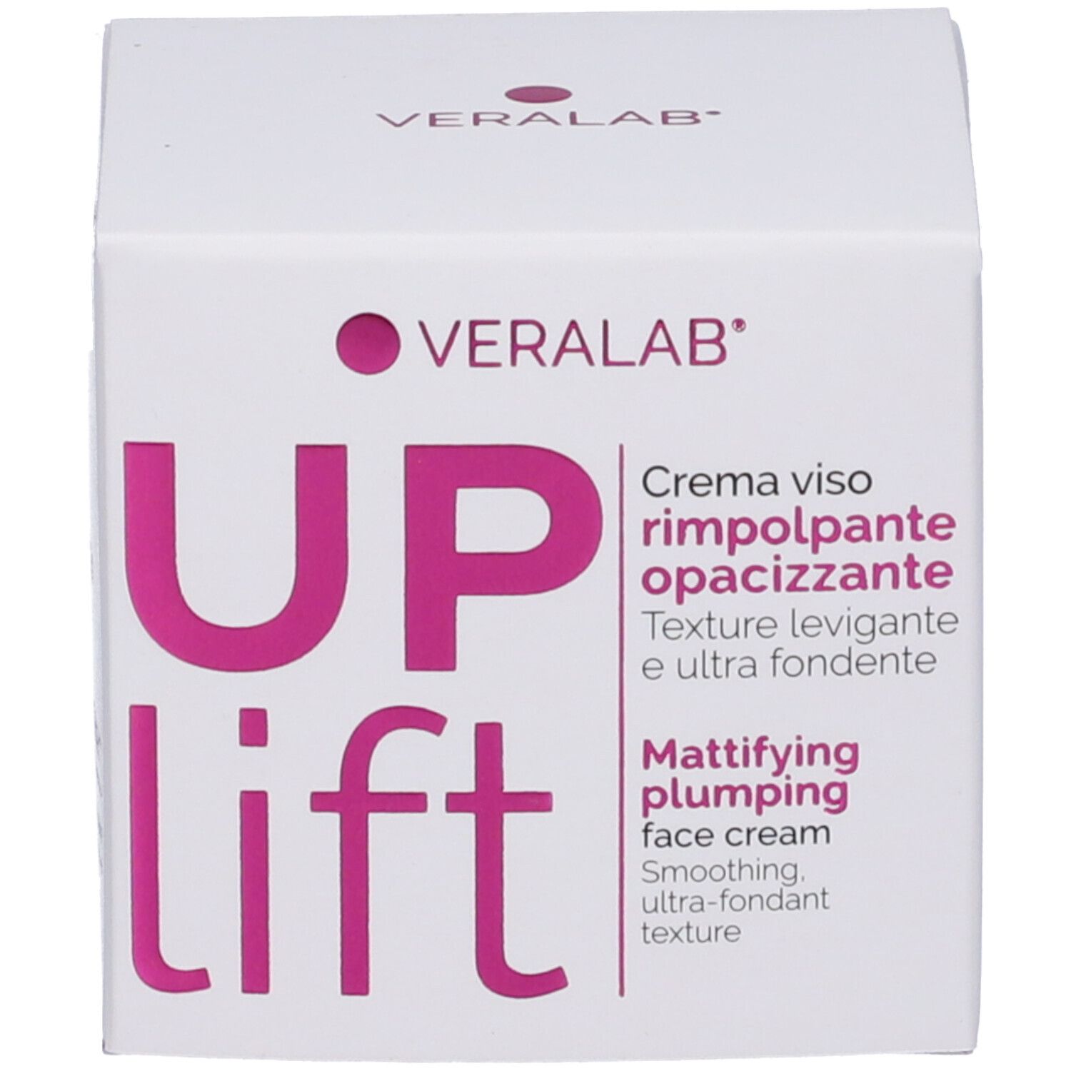 Scatola bianca con scritta rosa: UPLift, Veralab. Testo: Crema viso rimpolpante opacizzante, Mattifying plumping face cream.