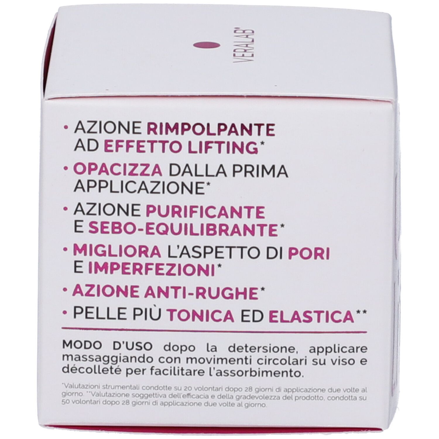 Retro della scatola. Testo: Azione rimpolpante, Azione anti-rughe, Modo d'uso. Logo Veralab.