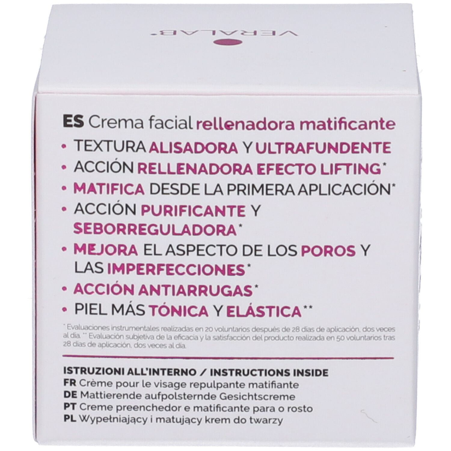 Retro della scatola. Testo: Crema facial rellenadora matificante, Acción antiarrugas. Logo Veralab.