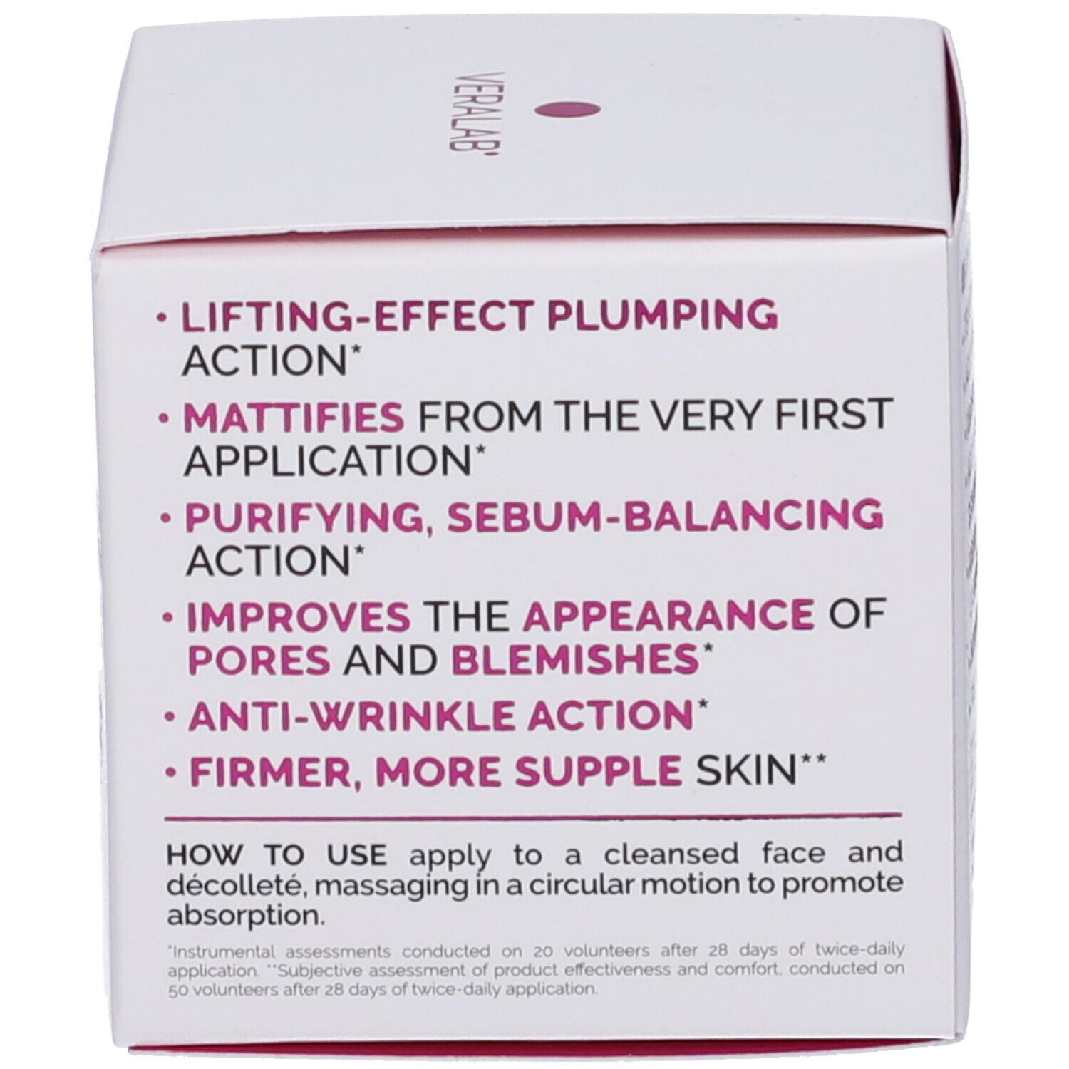 Retro della scatola. Testo: Lifting-effect plumping action, Anti-wrinkle action. Logo Veralab.