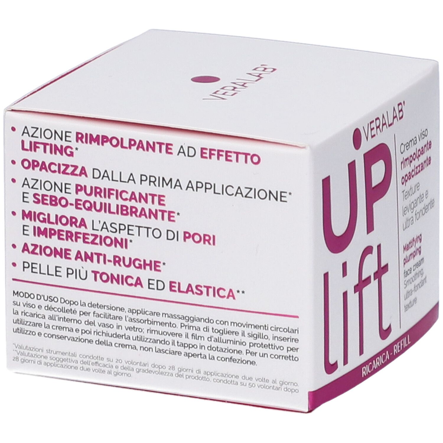 Scatola bianca con testo rosa. VERALAB UPLIFT CR VISO REFILL. Testo: Azione rimpolpante ad effetto lifting. Ricarica.