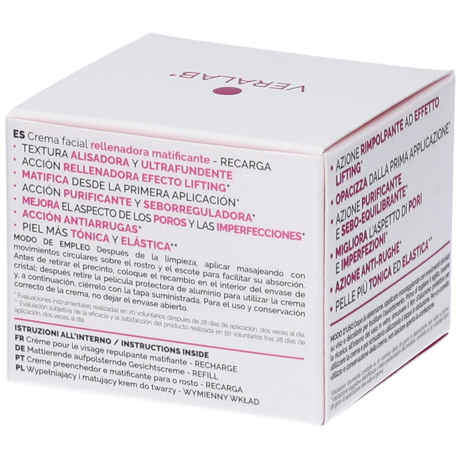 Scatola bianca con testo rosa. VERALAB UPLIFT CR VISO REFILL. Testo: Creme facial rellenadora matificante. Ricarica.