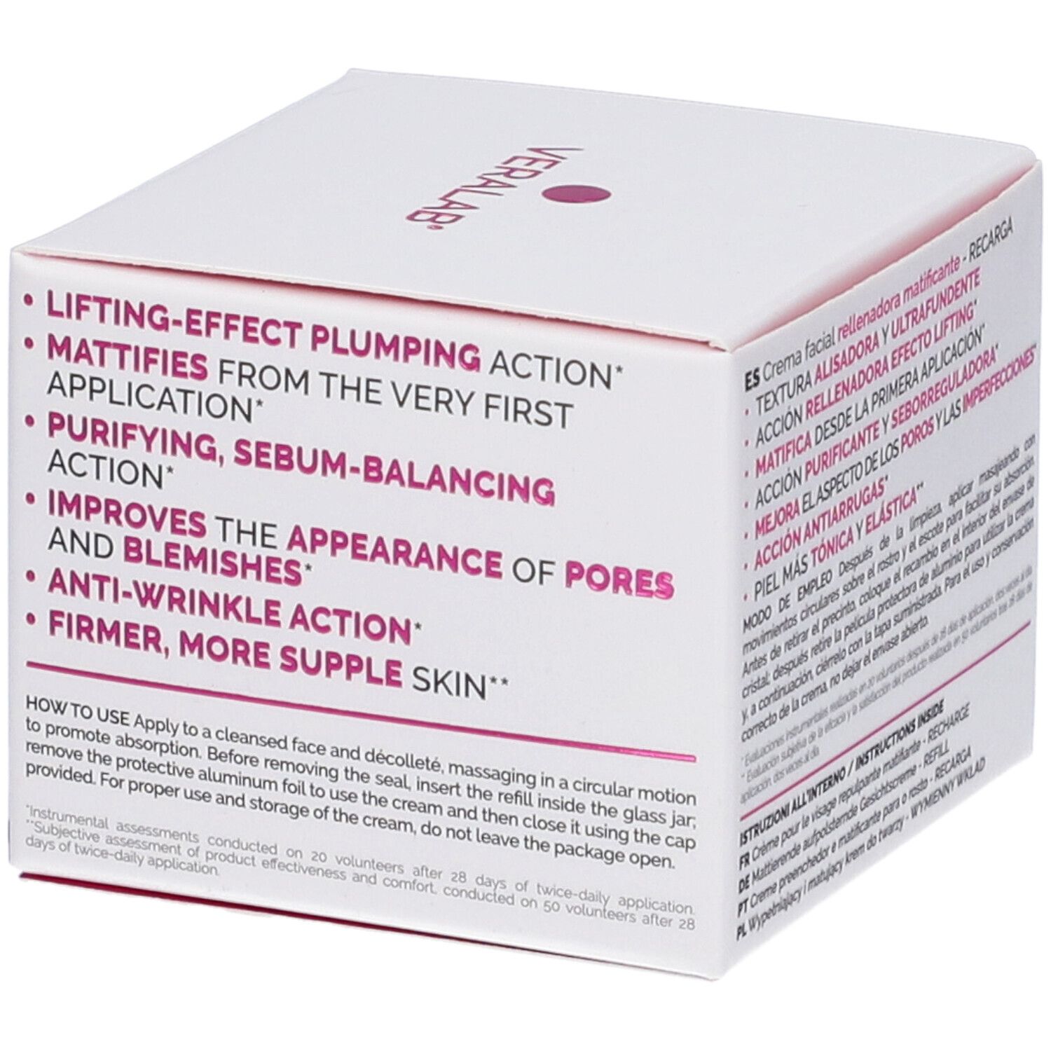 Scatola bianca con testo rosa. VERALAB UPLIFT CR VISO REFILL. Testo: Lifting-Effekt Plumping Action. Istruzioni per l'uso.