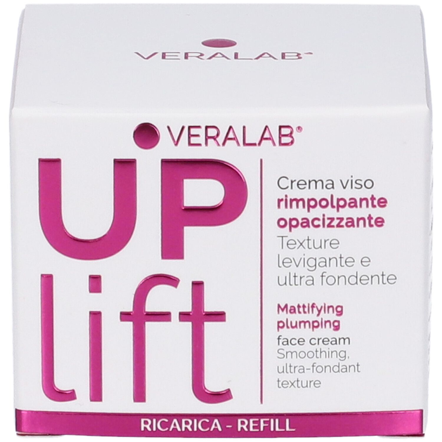 Scatola bianca con testo rosa. VERALAB UPLIFT CR VISO REFILL. Crema viso rimpolpante opacizzante. Ricarica.