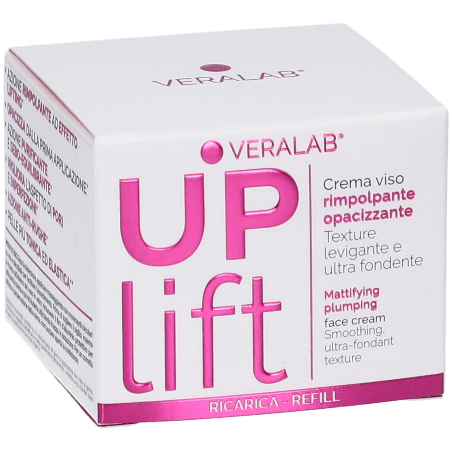Scatola bianca con testo rosa. VERALAB UPLIFT CR VISO REFILL. Crema viso rimpolpante opacizzante. Ricarica.