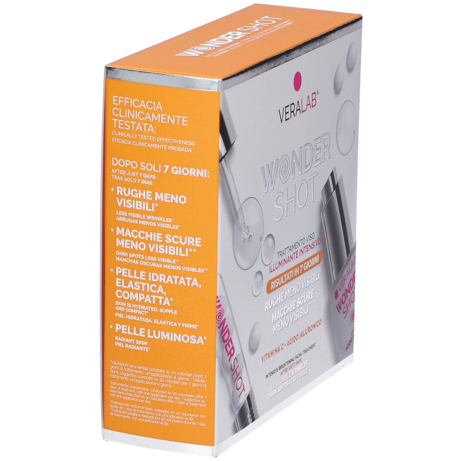 Confezione prodotto. Scritta: Wonder Shot, Veralab. Testo: Efficacia clinicamente testata. Arancione e argento.