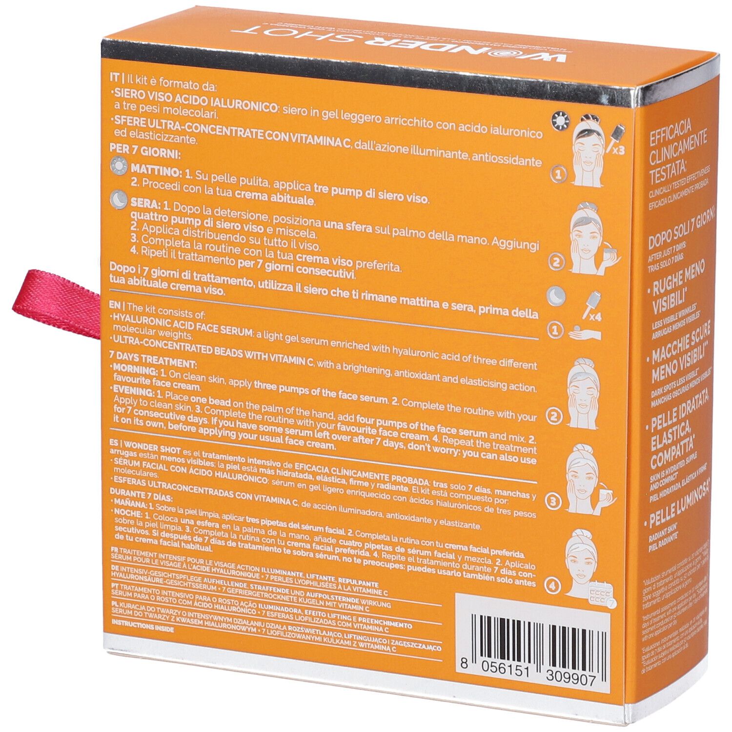 Confezione prodotto. Testo e illustrazioni. Scritta: Wonder Shot, Veralab. Codice a barre.