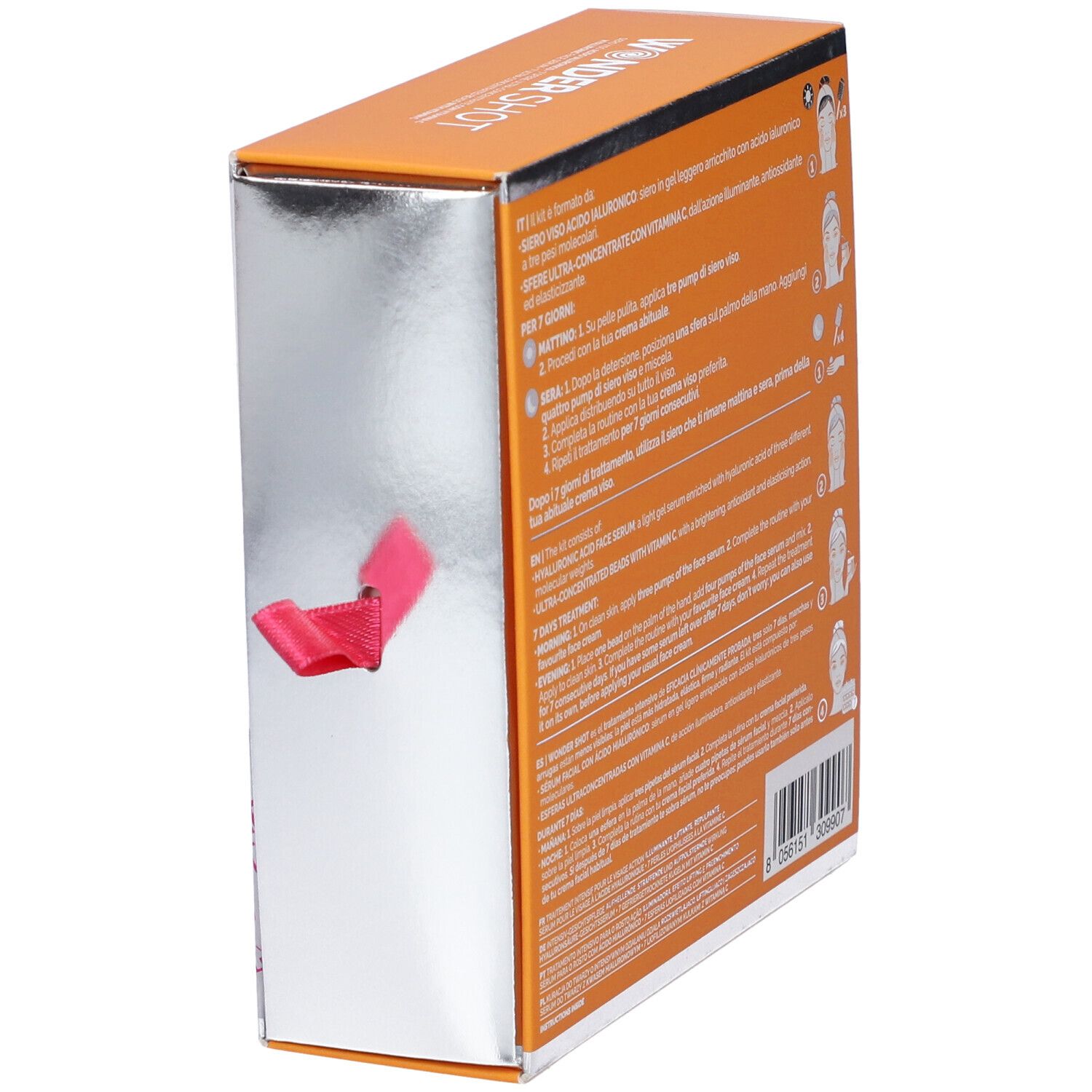 Confezione prodotto. Scritta: Wonder Shot, Veralab. Arancione e argento. Nastro rosa.