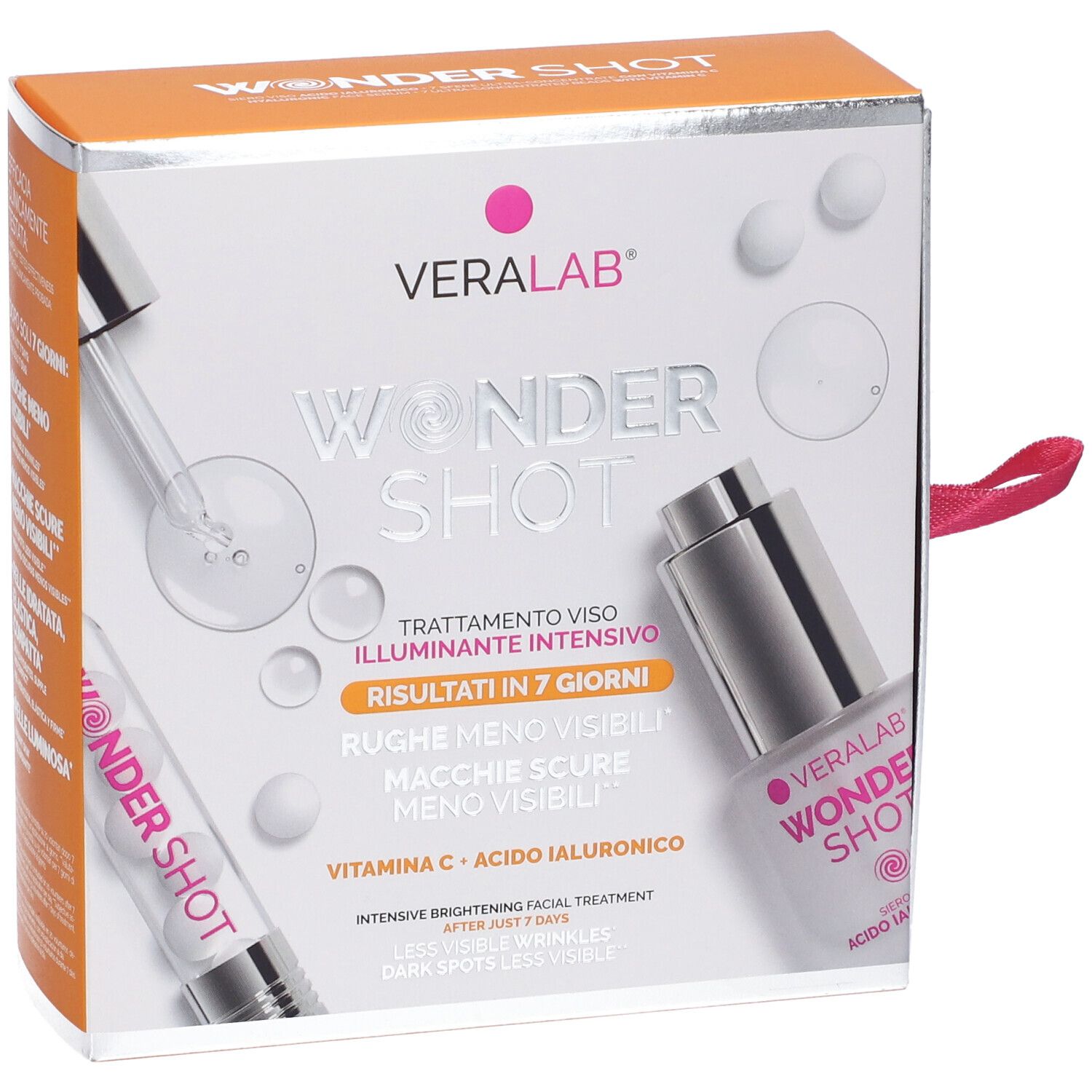 Confezione prodotto. Scritta: Wonder Shot, Veralab. Contiene siero e sfere. Nastro rosa.