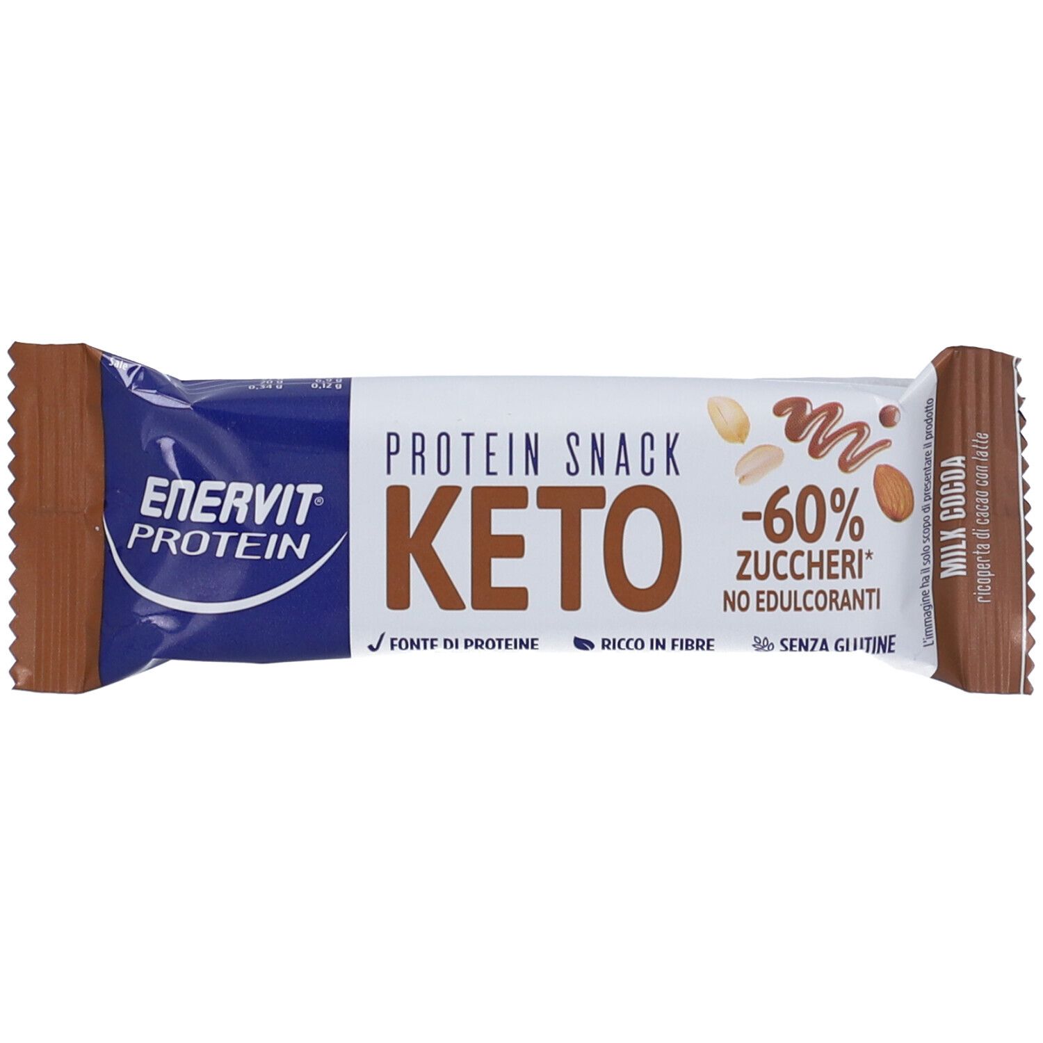 Protein Snack Keto. Confezione con logo e nome del prodotto. Contiene -60% zuccheri, senza glutine. Latte cacao.
