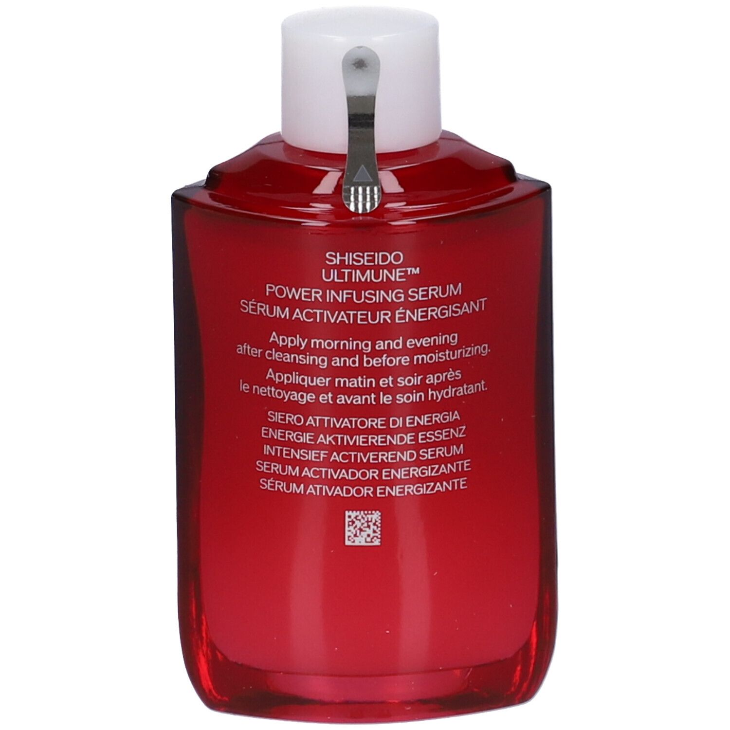 Flacone rosso con tappo bianco. Scritta: SHISEIDO ULTIMUNE. Retro con testo multilingue.