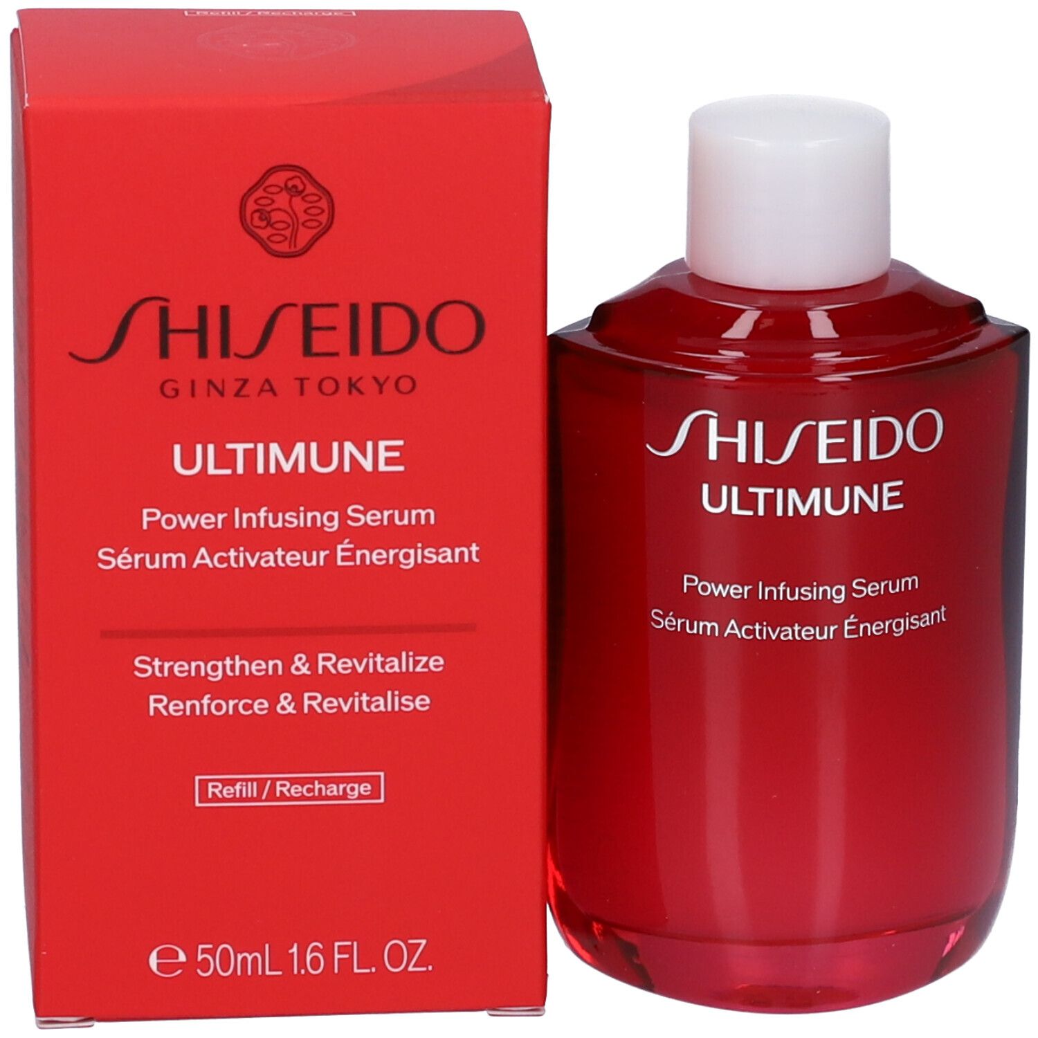 Scatola e flacone rossi. Scritta: SHISEIDO ULTIMUNE Power Infusing Serum. Francese: Sérum Activateur Énergisant. Con indicazione Refill.