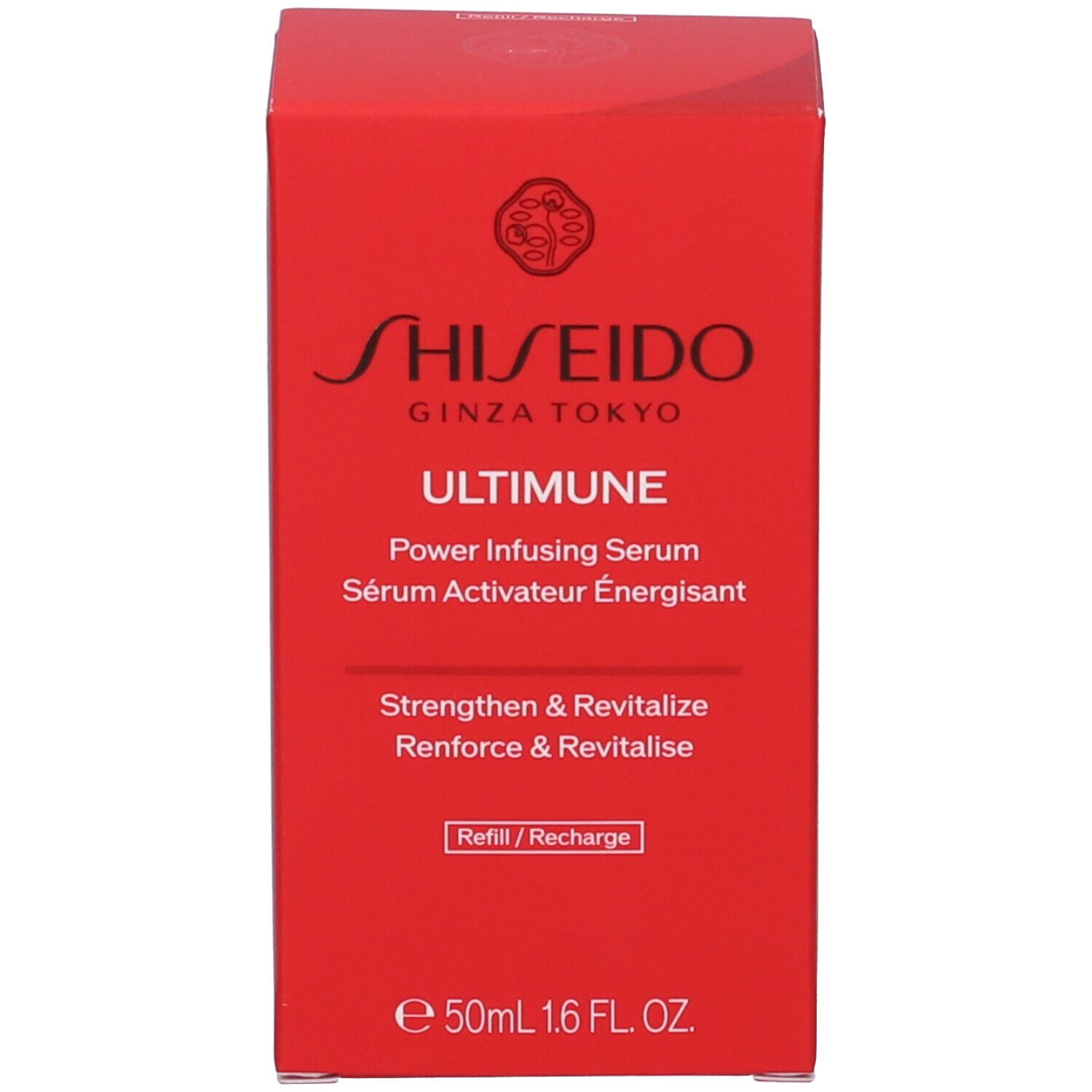 Scatola rossa. Scritta: SHISEIDO ULTIMUNE Power Infusing Serum. Francese: Sérum Activateur Énergisant. Con indicazione Refill.