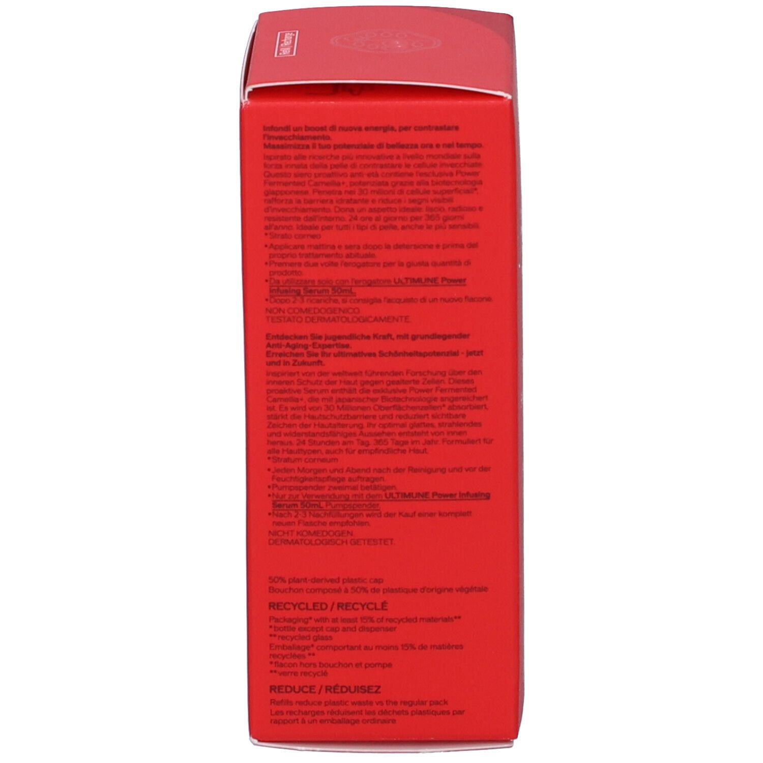 Scatola rossa, retro con testo multilingue. Contiene informazioni sul prodotto e ingredienti.