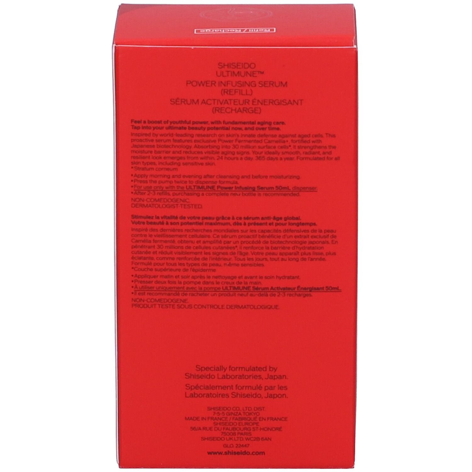 Scatola rossa, retro con testo multilingue. Contiene informazioni sul prodotto e produttore.