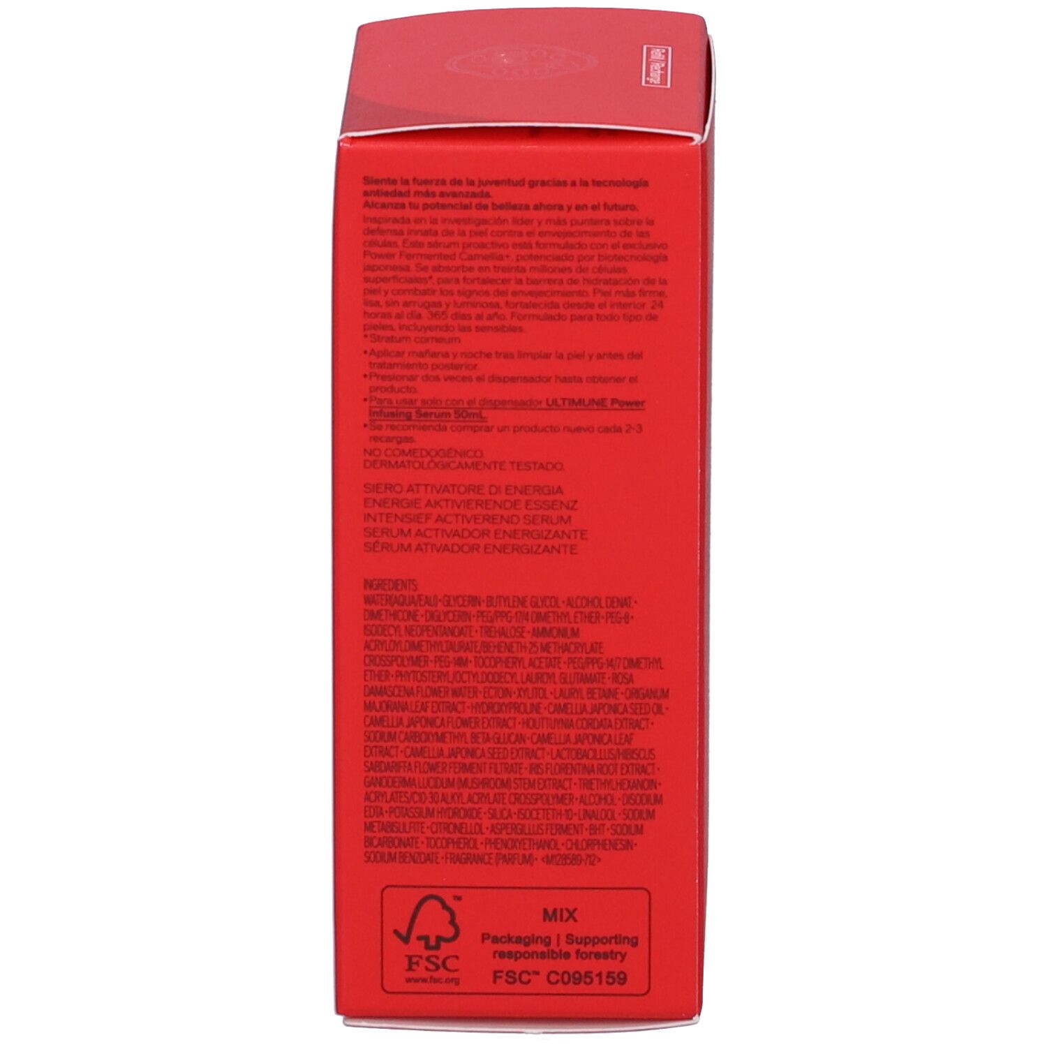Scatola rossa, lato con testo multilingue. Contiene ingredienti e certificazione FSC.
