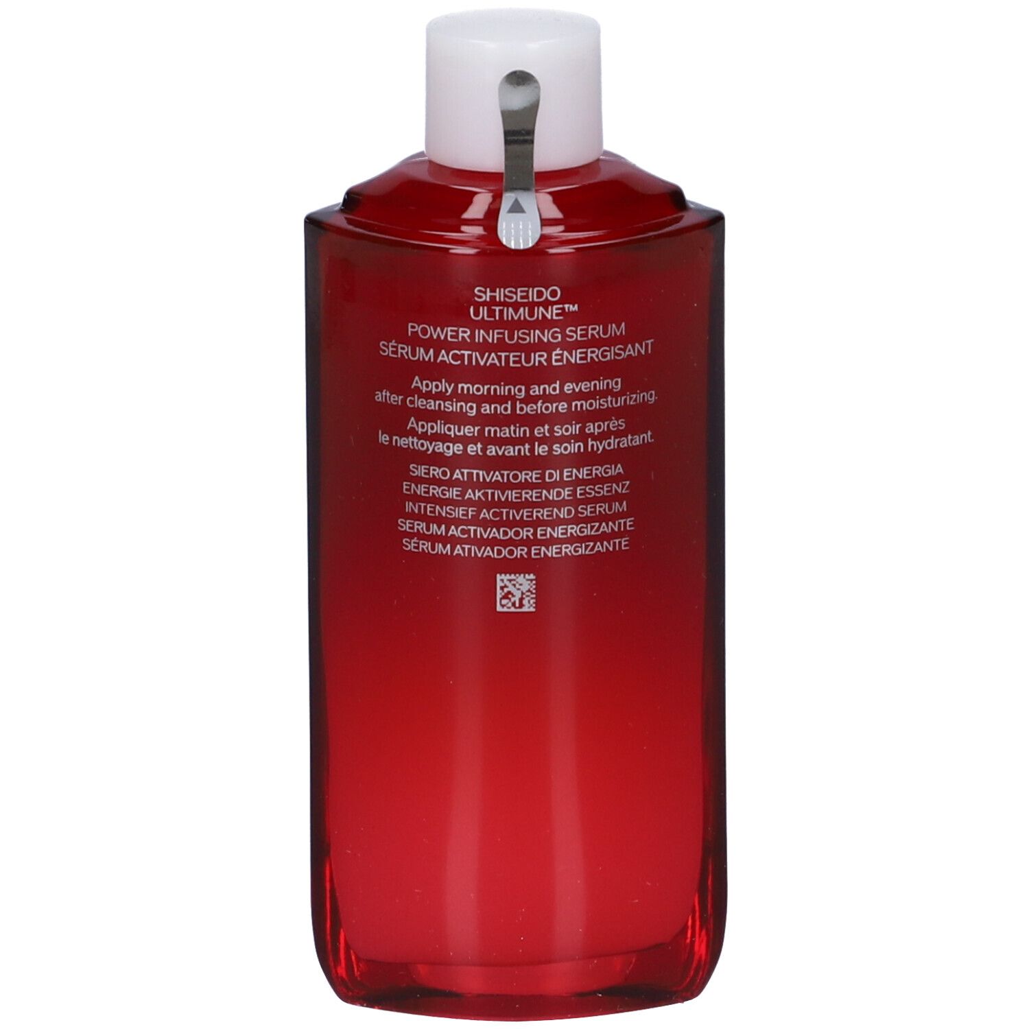 Flacone rosso con tappo bianco. Scritta: SHISEIDO ULTIMUNE. Testo multilingue.