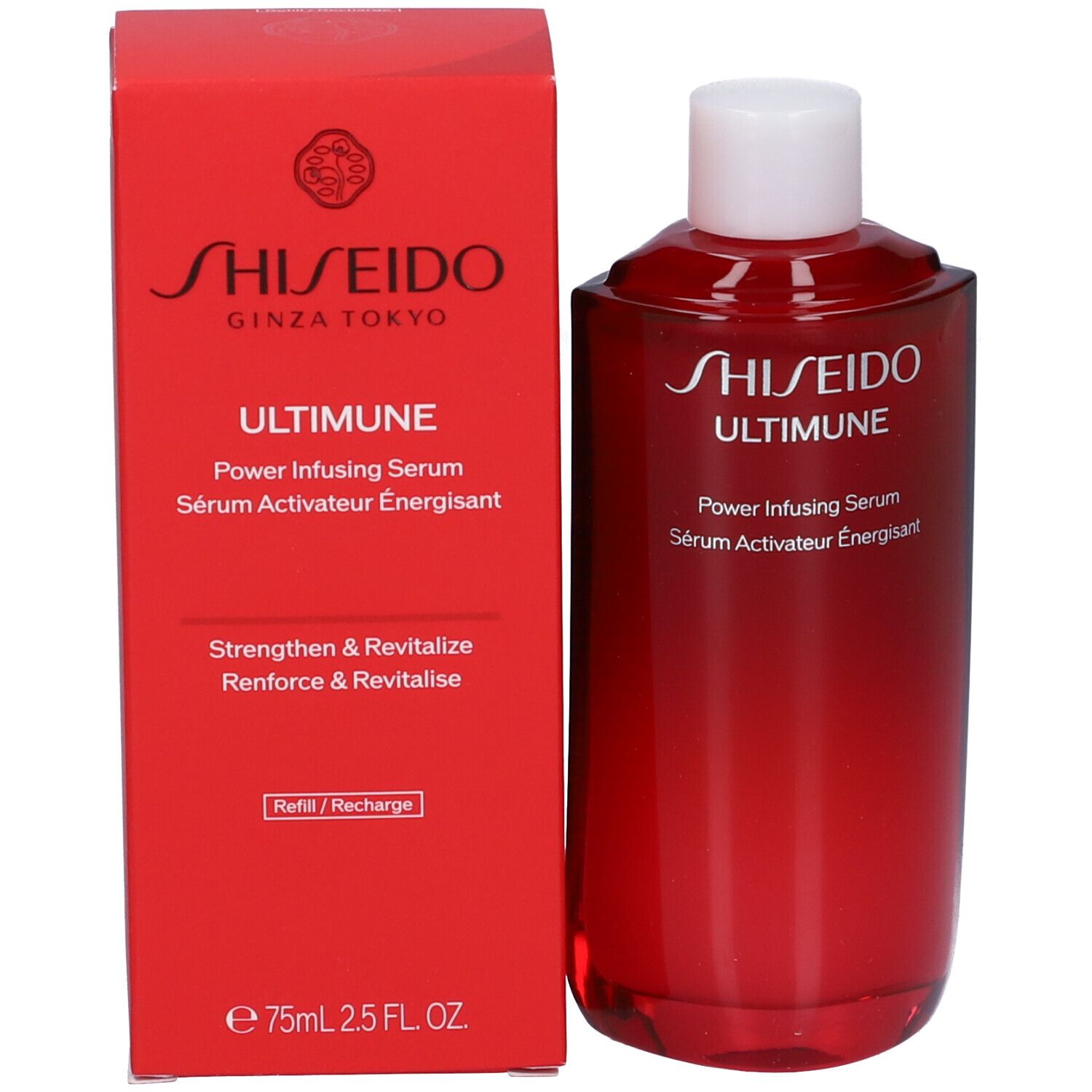 Scatola e flacone rossi. Scritta: SHISEIDO ULTIMUNE Power Infusing Serum. Refill/Recharge.