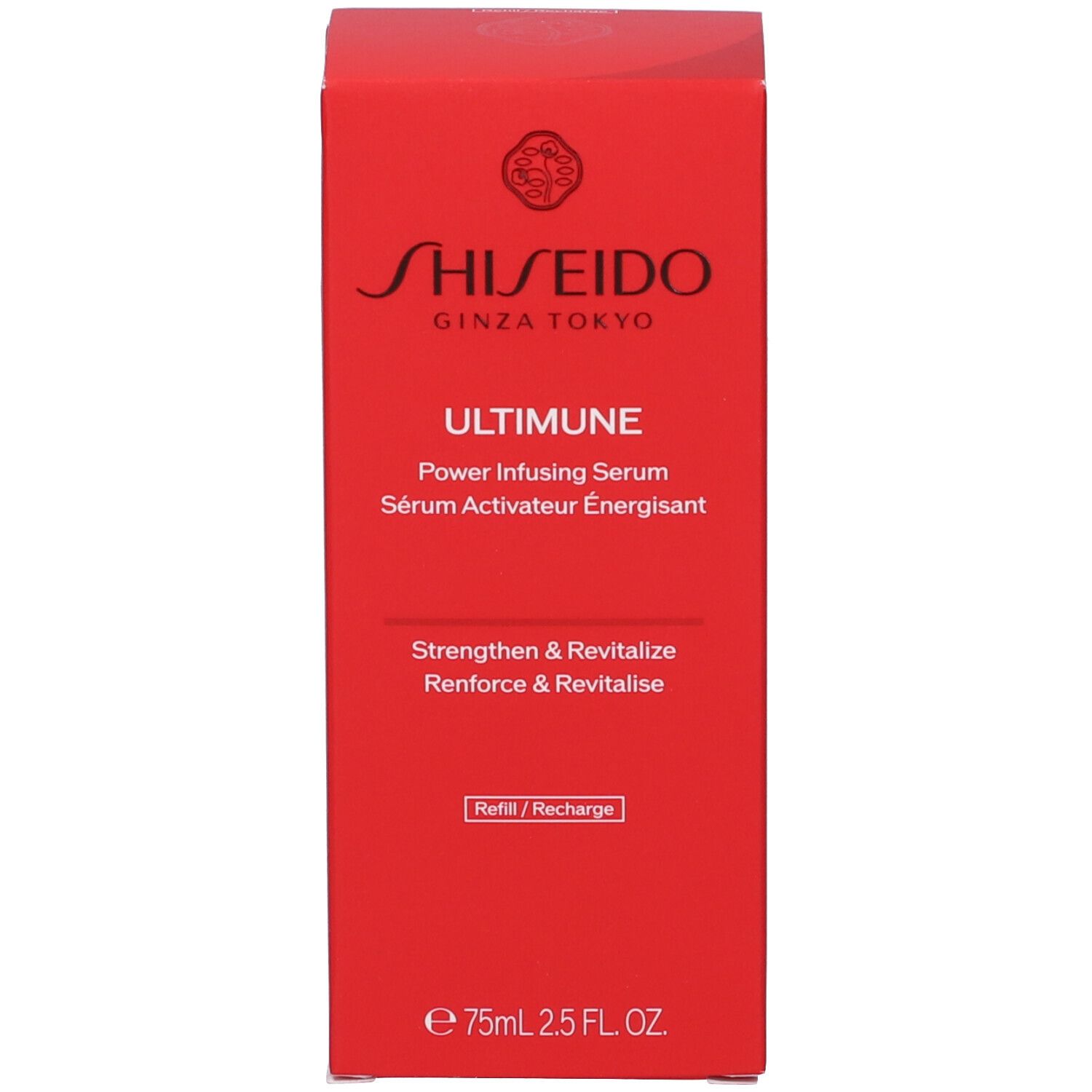 Scatola rossa. Scritta: SHISEIDO ULTIMUNE Power Infusing Serum. Refill/Recharge.