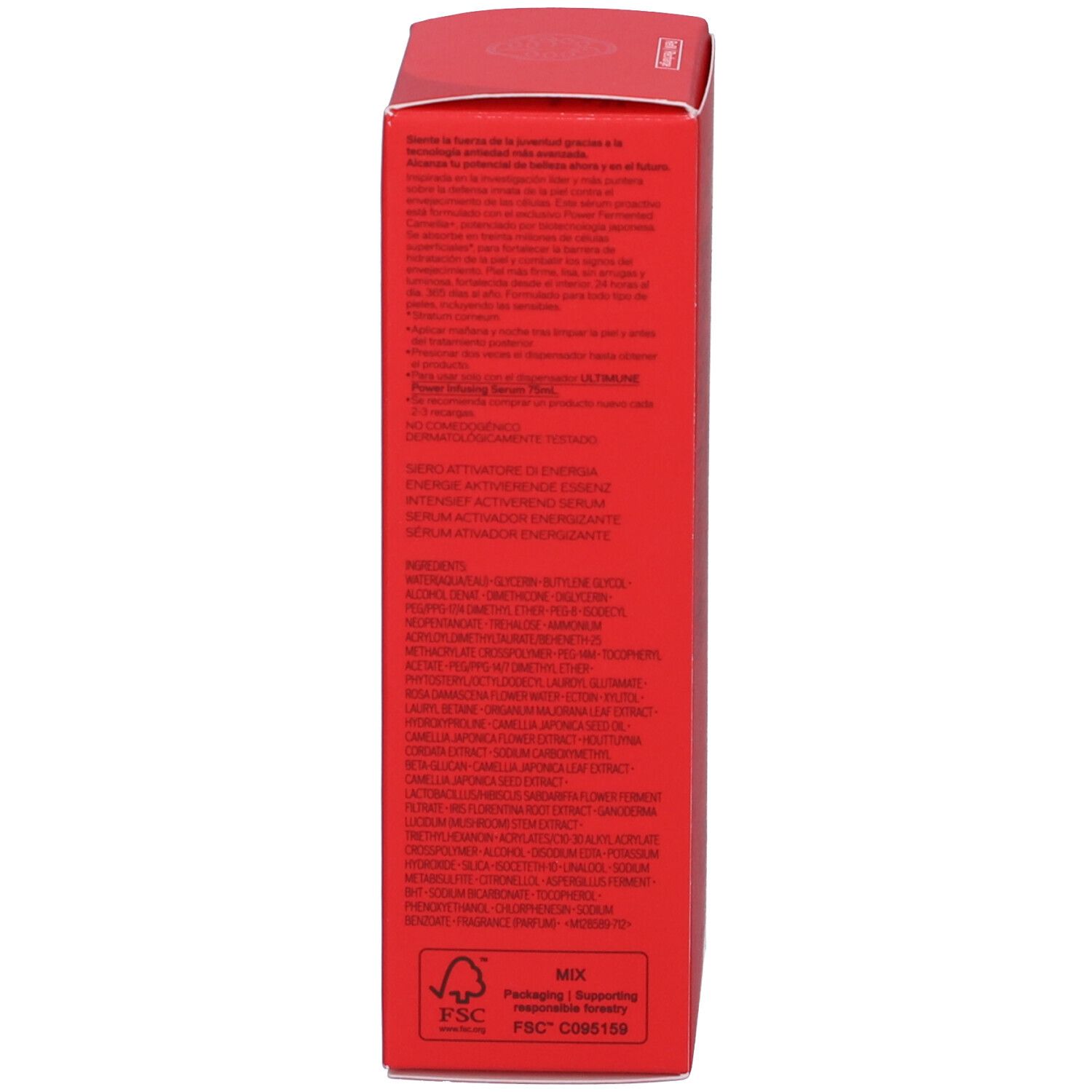 Scatola rossa. Testo multilingue. Scritta: SHISEIDO ULTIMUNE. Logo FSC.