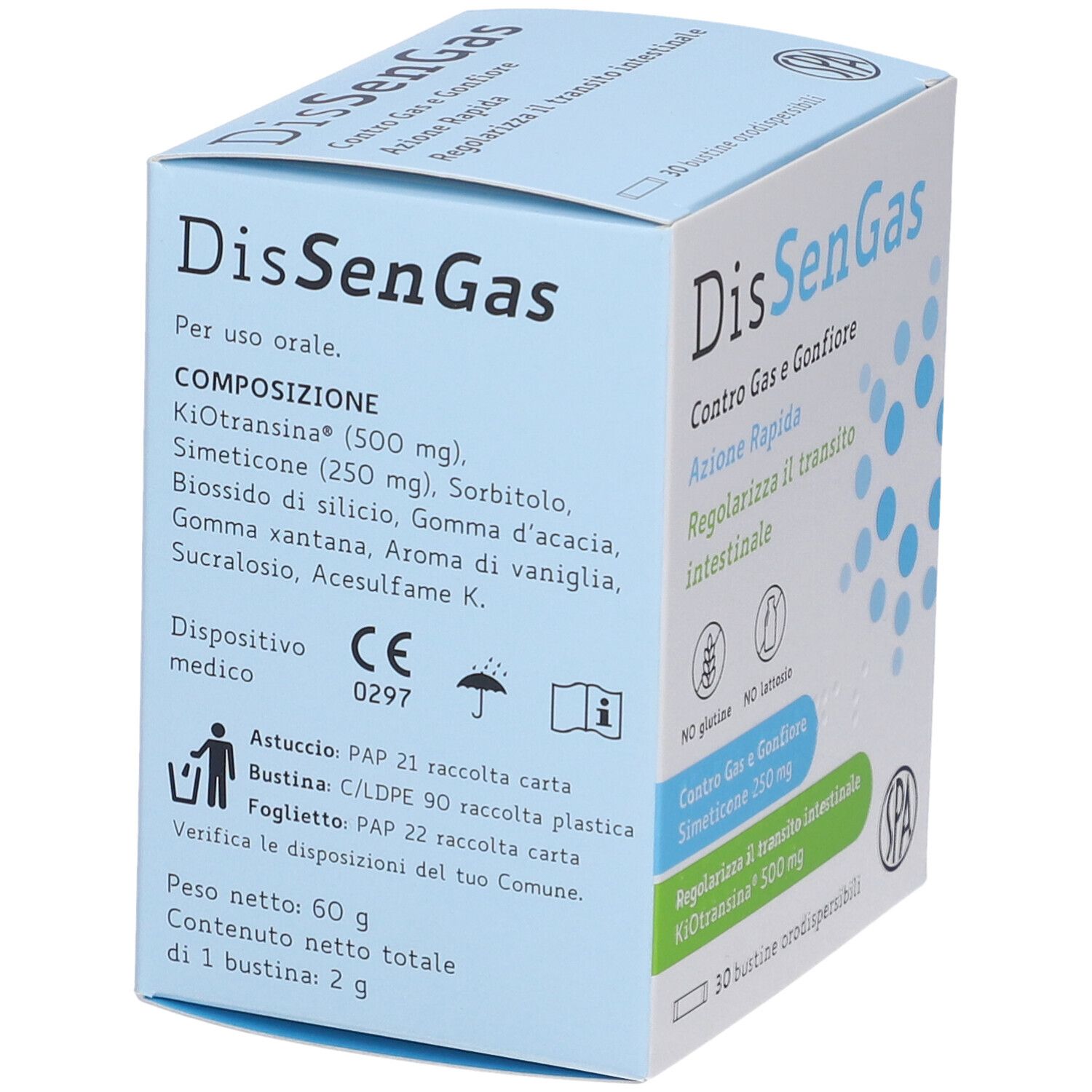 Retro della confezione DissenGas. Ingredienti, istruzioni per l'uso, marchio CE. Peso netto: 60g.